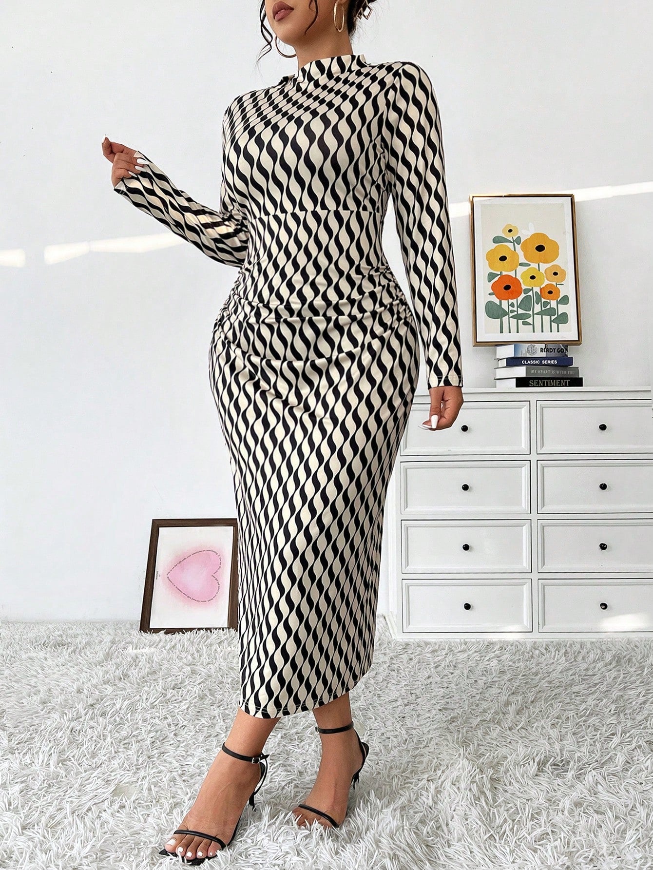 Plus Size Women's Turtleneck Tight Fit Wavy Printed Slim Bodycon Dress, Autumn Maxi Women Outfit