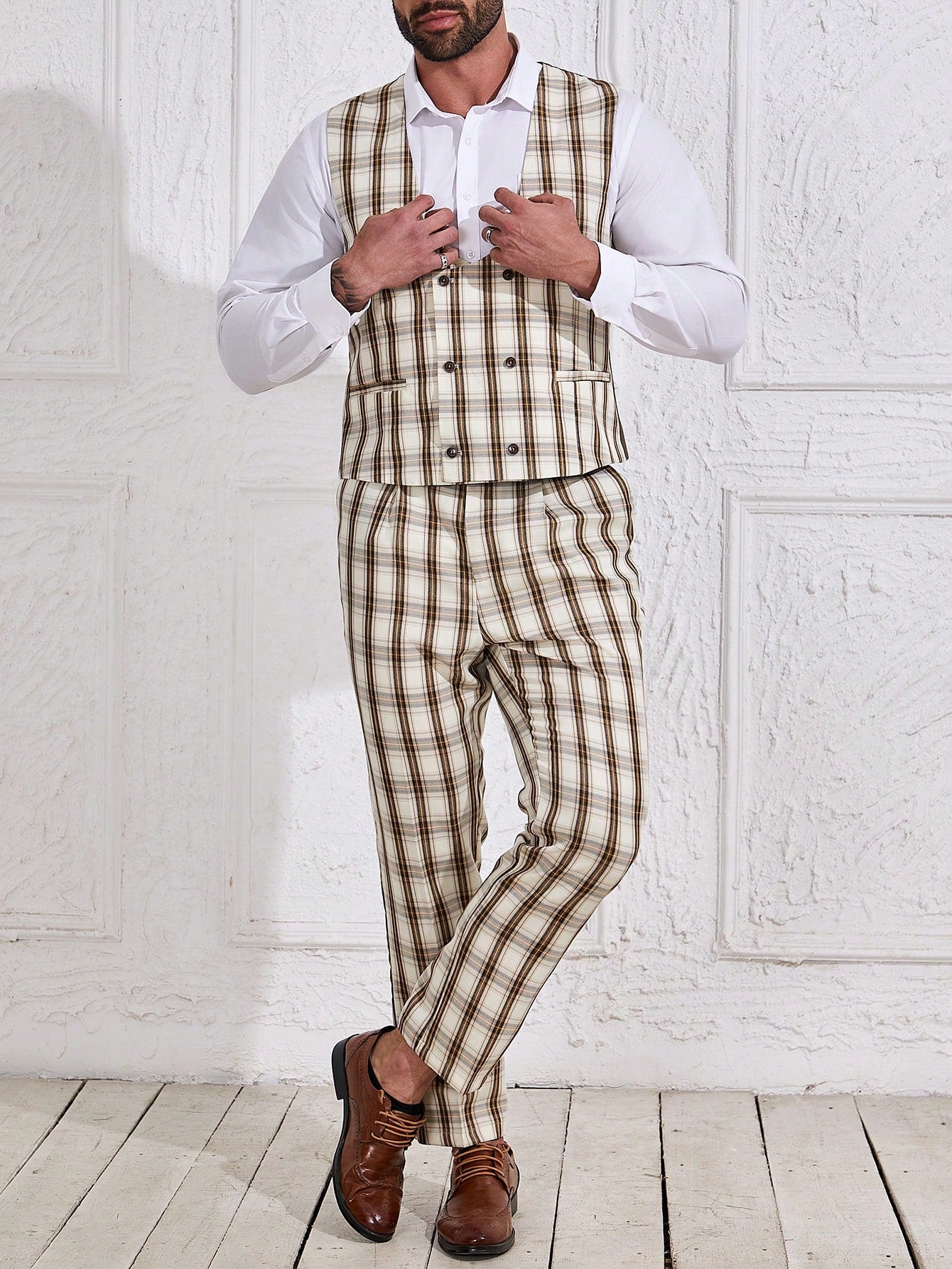 Manfinity Mode Men's Plus Size Plaid Splice Vest & Pants Business Suit