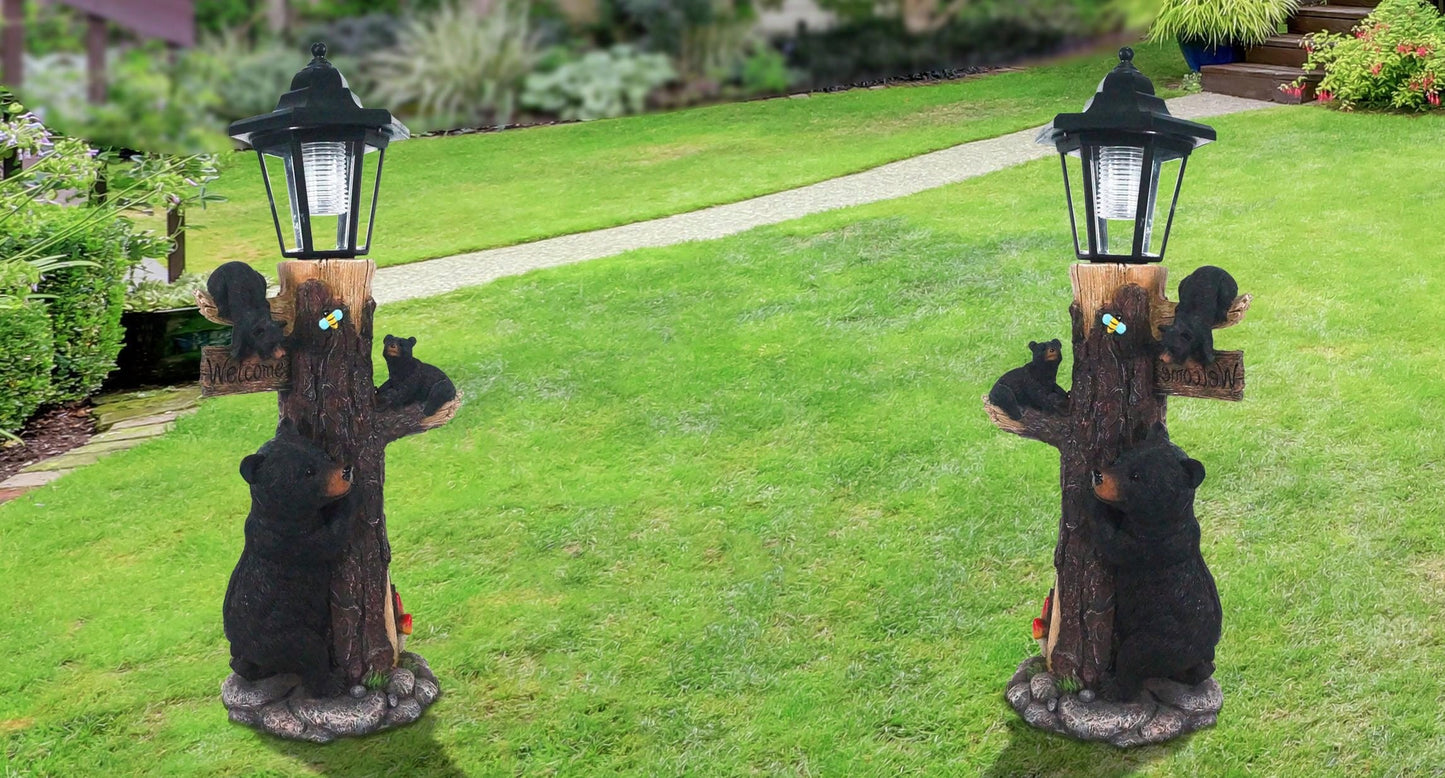 Bear Statue Welcome Sign Garden Statue With Solar Lights, 19 Inches Resin Bear Family On The Tree, Outdoor Bear Décor For Yard, Garden, Lawn, Patio, Black And Brown Animal Statue