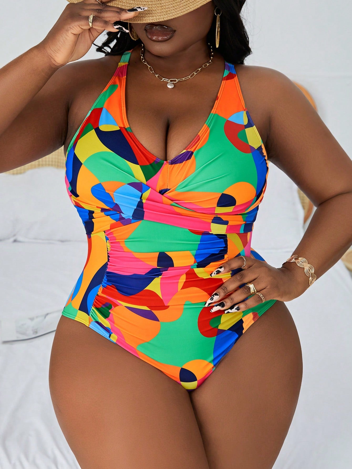Slayr Plus Size Two-Tone Knotted Back Ruched One-Piece Swimsuit For Beach/Vacation