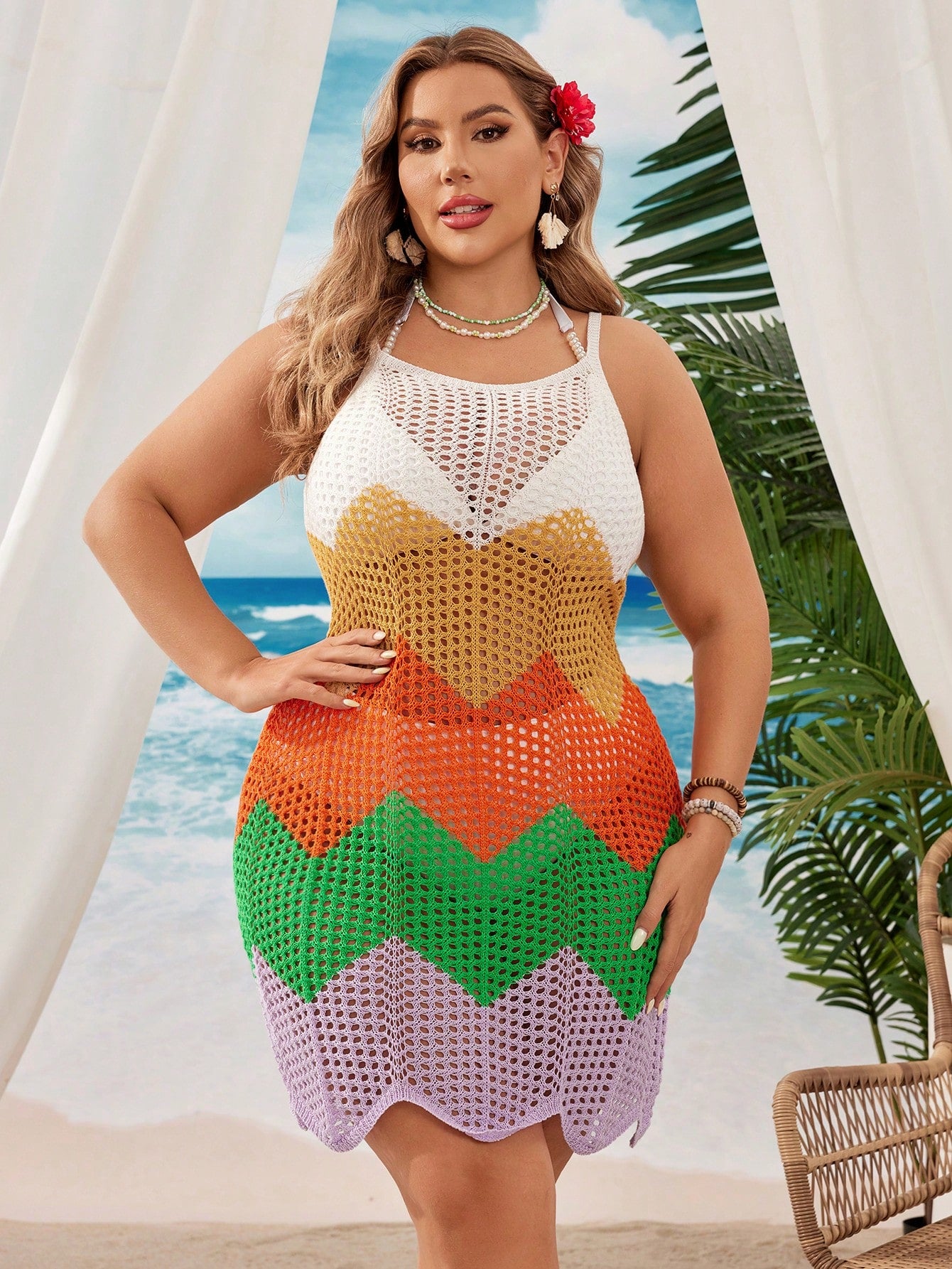 Swim Curve Summer Beach Plus Size Hollow Out Knitted Cami Dress With Color Block Design For Beach Vacation
