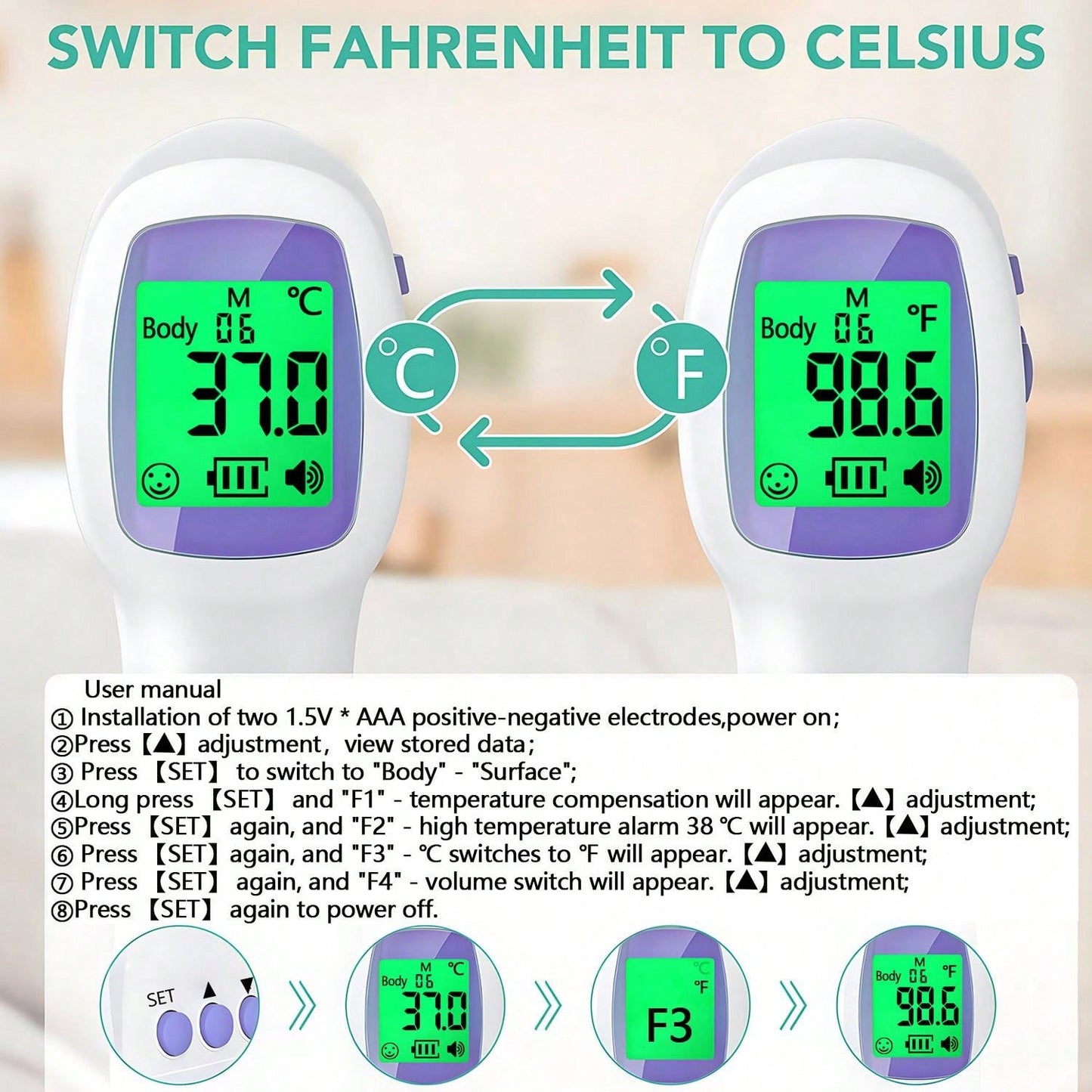 Digital Thermometer No Touch Forehead Thermometer For Baby, 2 In 1 Body Surface Mode Thermometer With Fever Alarm And Instant Accuracy Readings Measure Tool Thermometer Temperature Gun Ear Thermometer