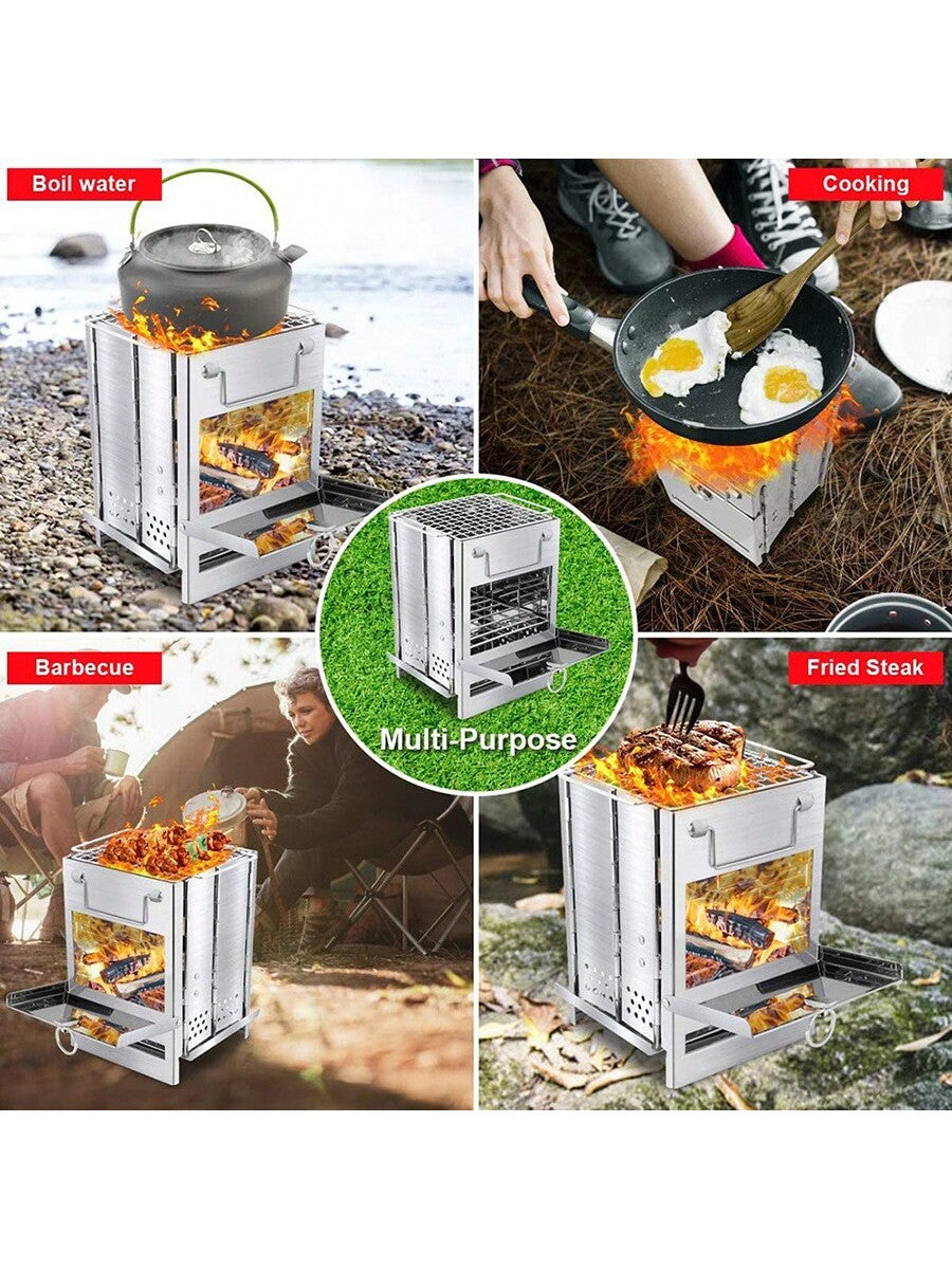 1pc Mini Outdoor Firewood Stove Portable Collapsible Stainless Steel Camping Stove Mini Charcoal Grill Pocket Furnace Camping Fishing Hiking Wood Stove Picnic Charcoal Cooking Grill Trumpet