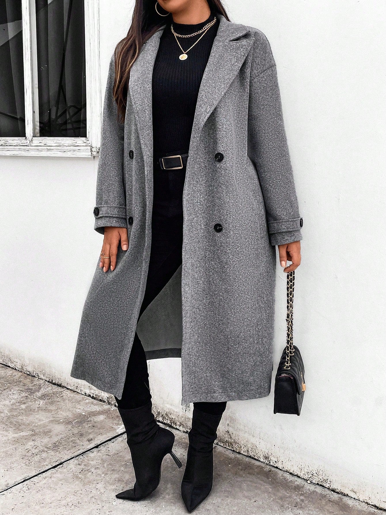 Essnce Plus Size Lapel Button Closure Long Sleeve Pocket Fashion Coat, For Winter