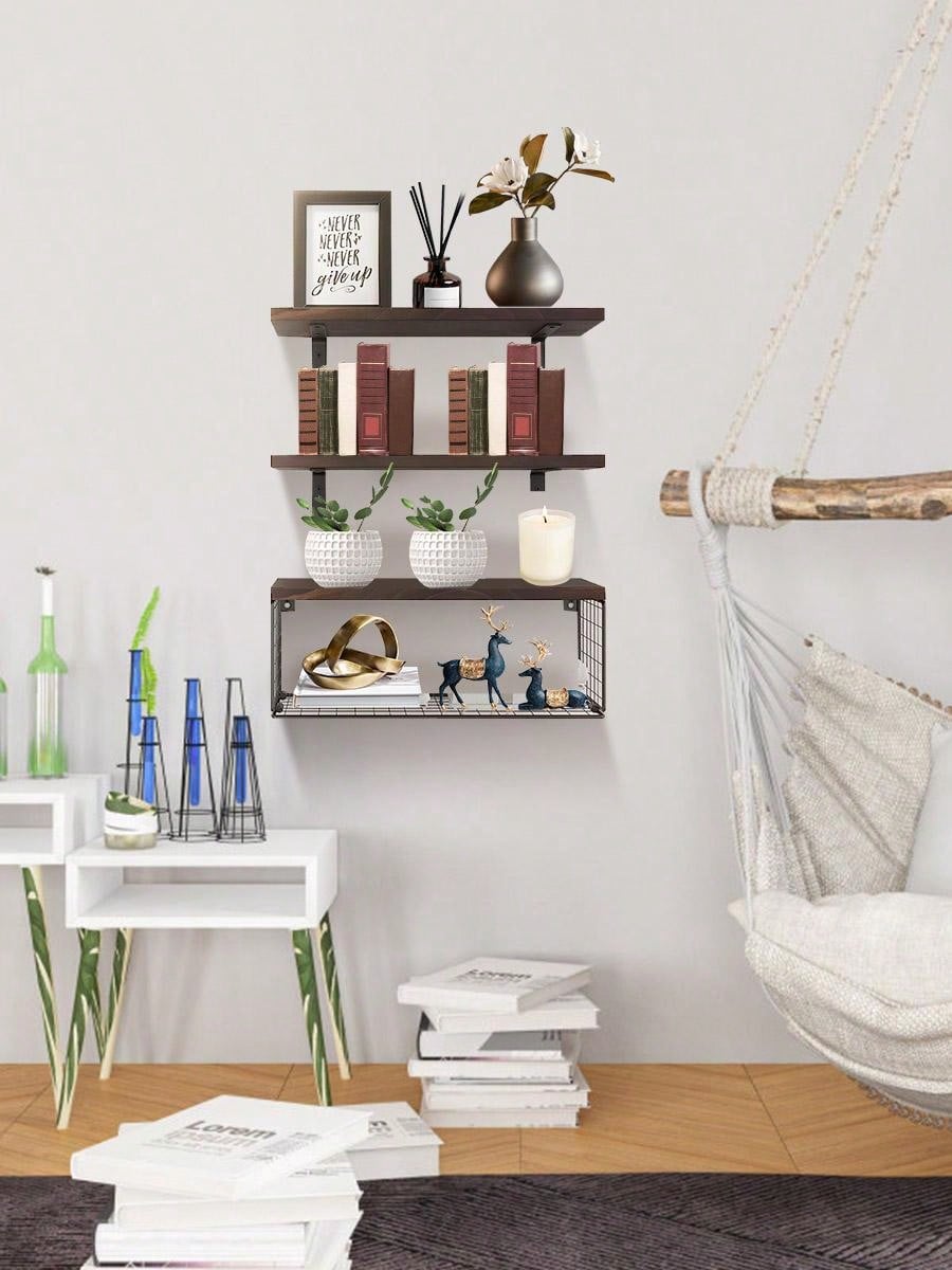 Moclever Moclever 1Pc 2 In 1 Wall Floating Shelves Wall Mounted Storage Basket Bathroom Shelves Over The Toilet Wooden Shelves For Bedroom Living Room Kitchen Office Wall Decor Plants For Decoration Home Bathroom Decor