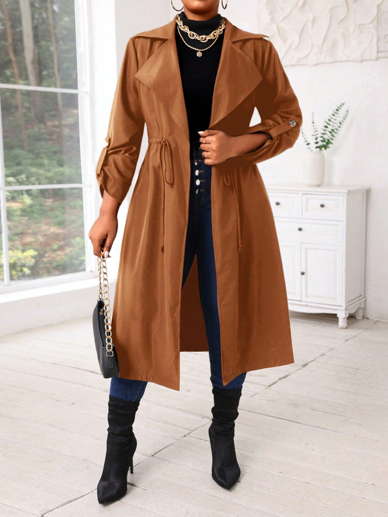 Lady Autumn And Winter Casual Black Woven Waterfall Button Front Midi Plus Size Trench Coats Women Coats Going Out Outfits