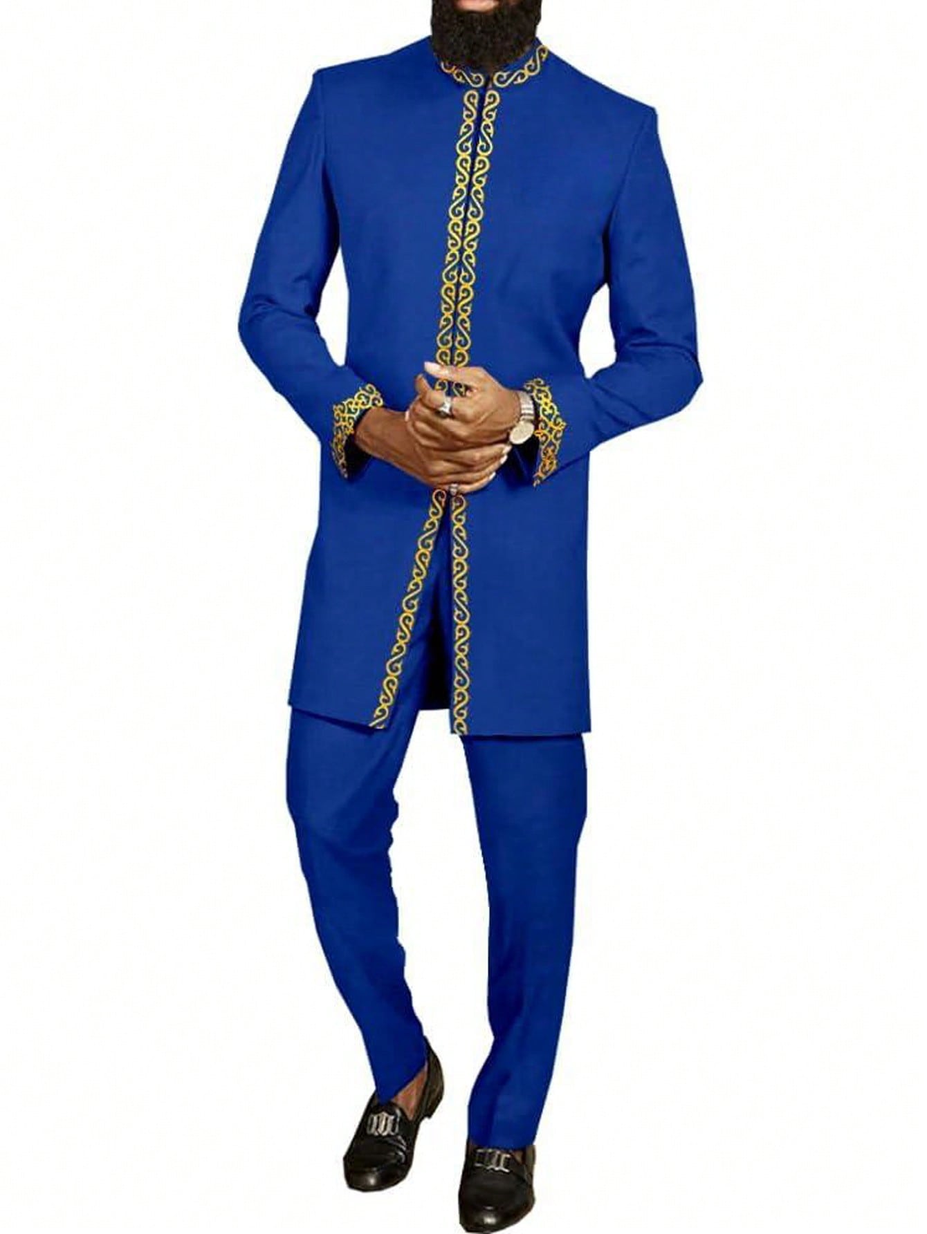 2024 New Men's 2 Piece Suit, Solid Color Round Neck Embroidered Long Sleeve Suit Jacket & Pants, African Wedding Suit