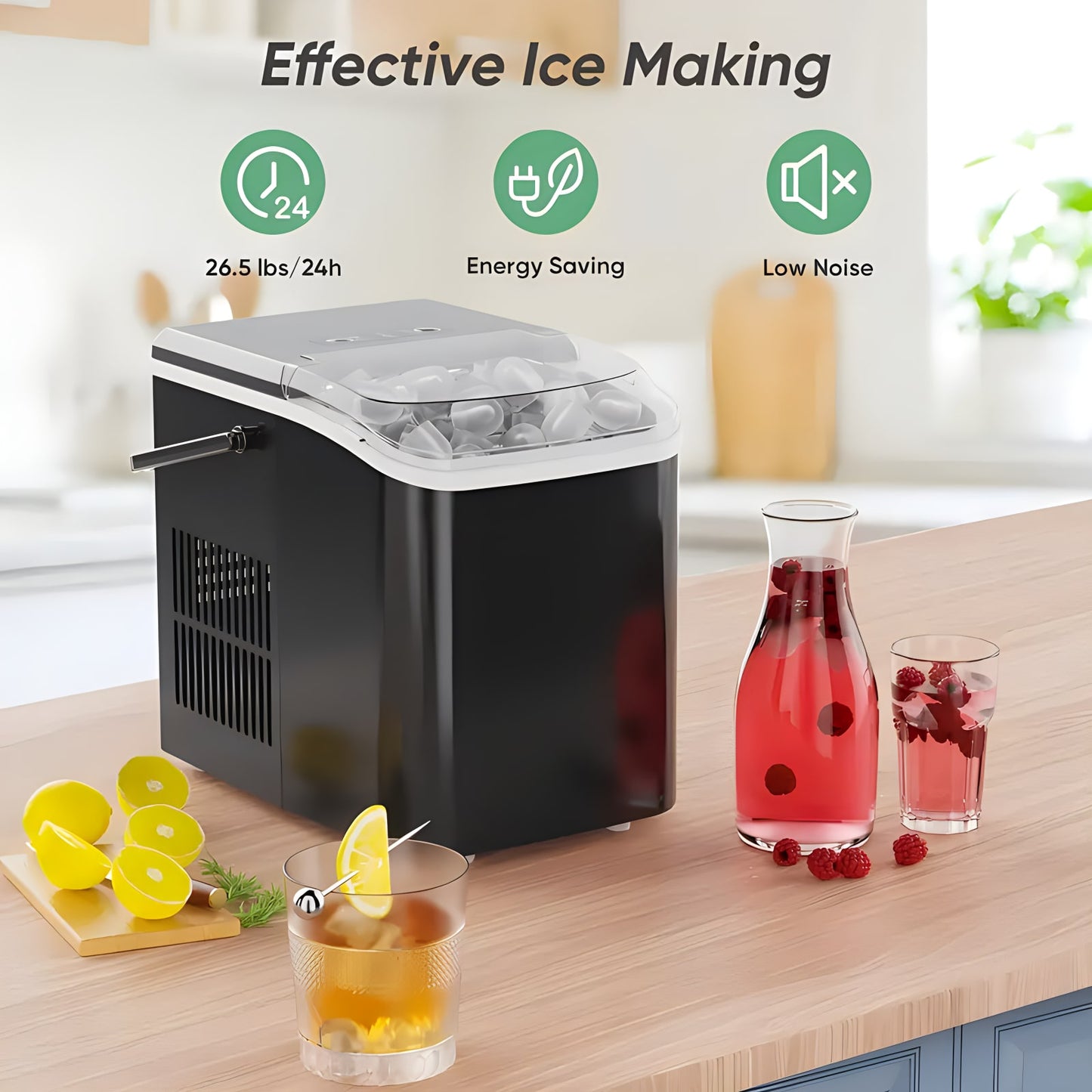 Countertop Ice Maker Machine With Handle, 26lbs In 24Hrs, 9 Ice Cubes Ready In 6 Mins, Auto-Cleaning Portable Ice Maker For Home/Kitchen/Camping,Countertop Ice Maker, Nugget Portable Ice Machine, 9 Bullet Ice Cubes In 6 Mins, 26.5lbs In 24Hrs Self-Cleani