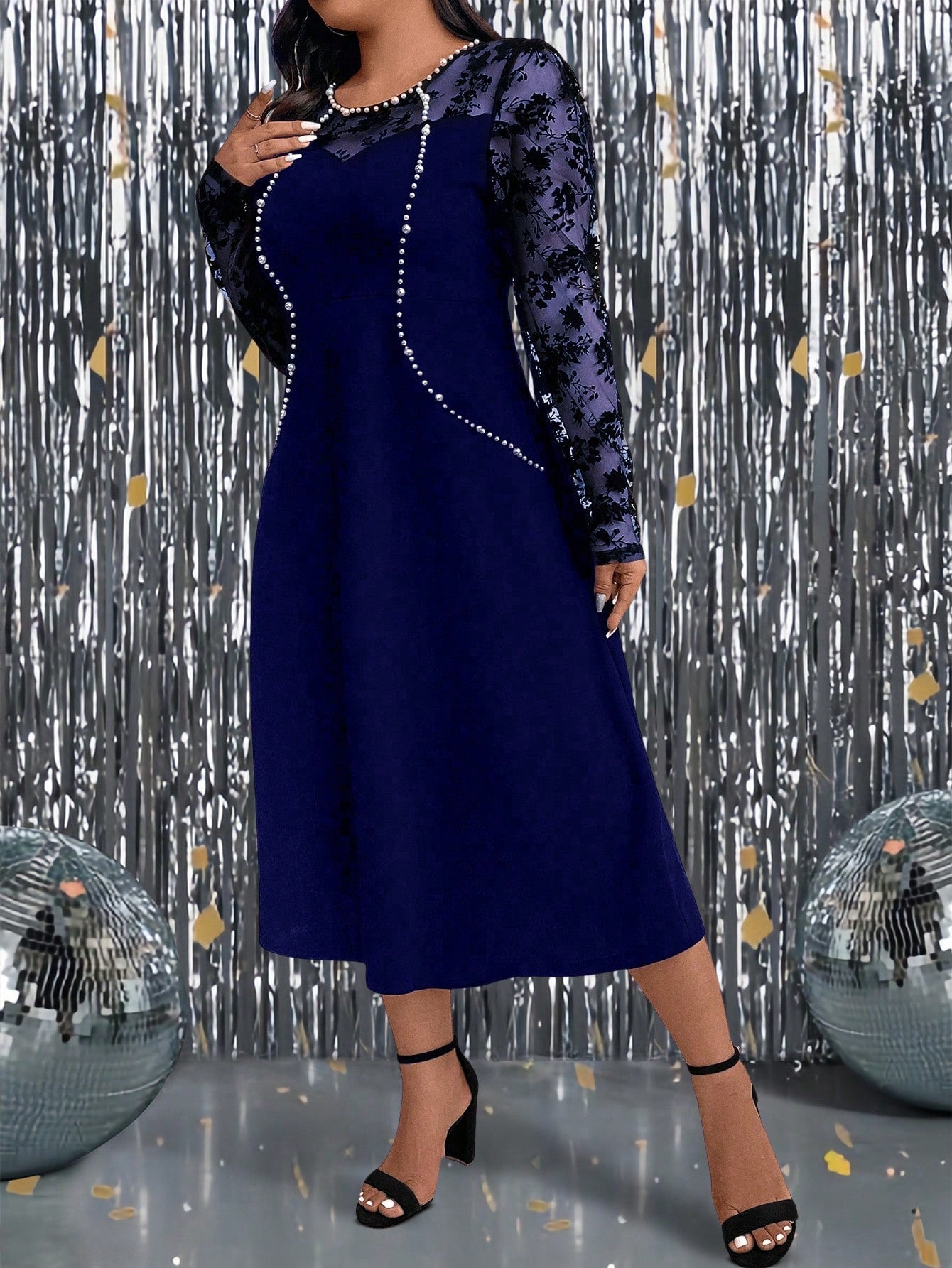 Plus Size Women Floral Print Mesh Panel Round Neck Long Sleeve Elegant Dress