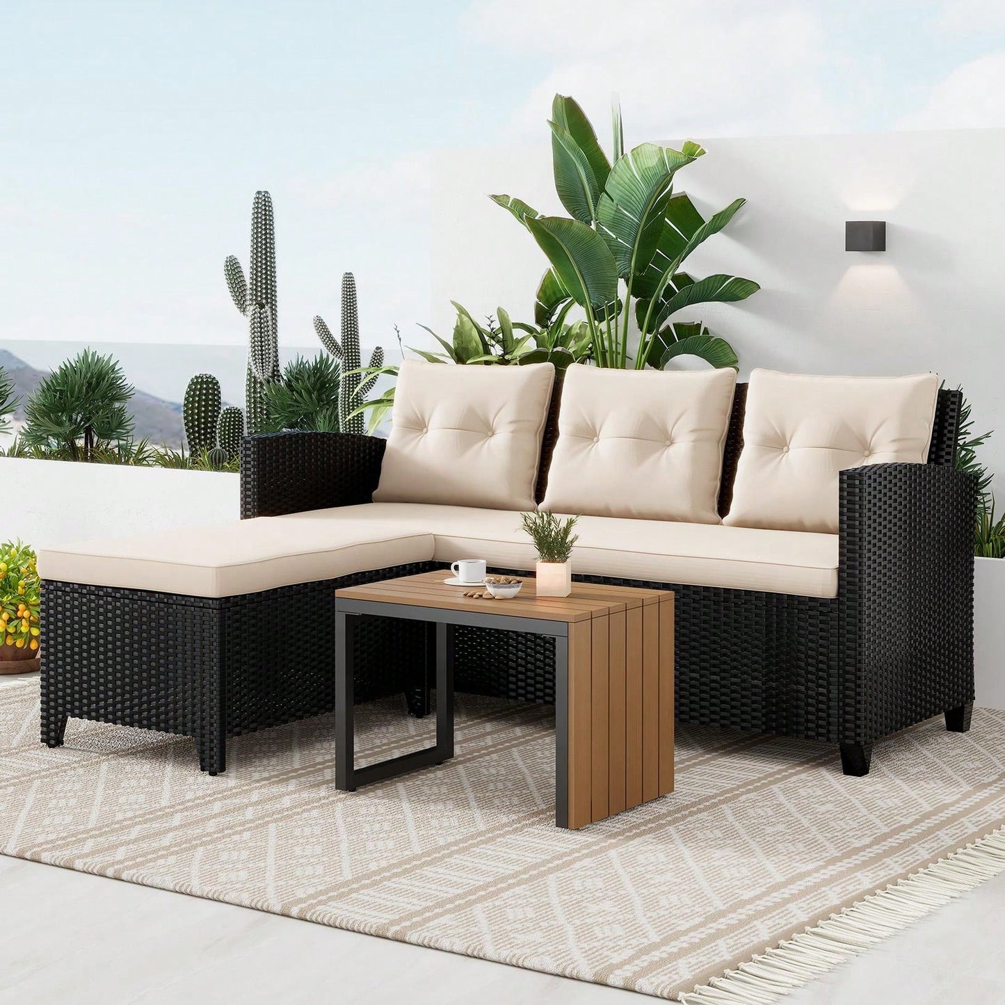 Patio Furniture Sectional Sofa Set – 3 Piece All Weather Black Resin Wicker Outdoor Conversation Set Beige Washable Cushions & Coffee Table | Garden | Backyard | Pool