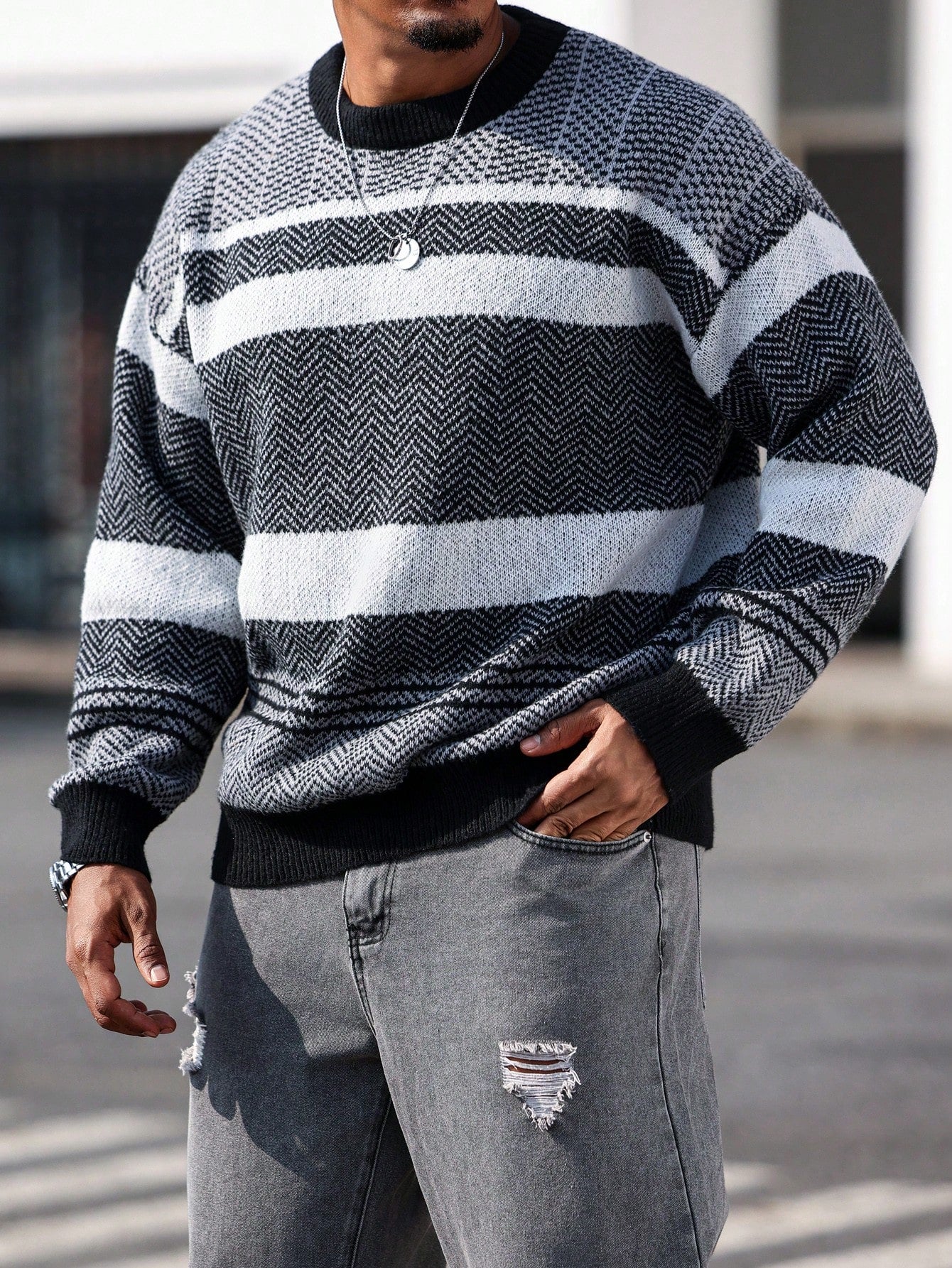 Manfinity Homme Plus Size Men's Stripe Pattern Crew Neck Long Sleeve Casual Loose Knit Sweater, Autumn/Winter