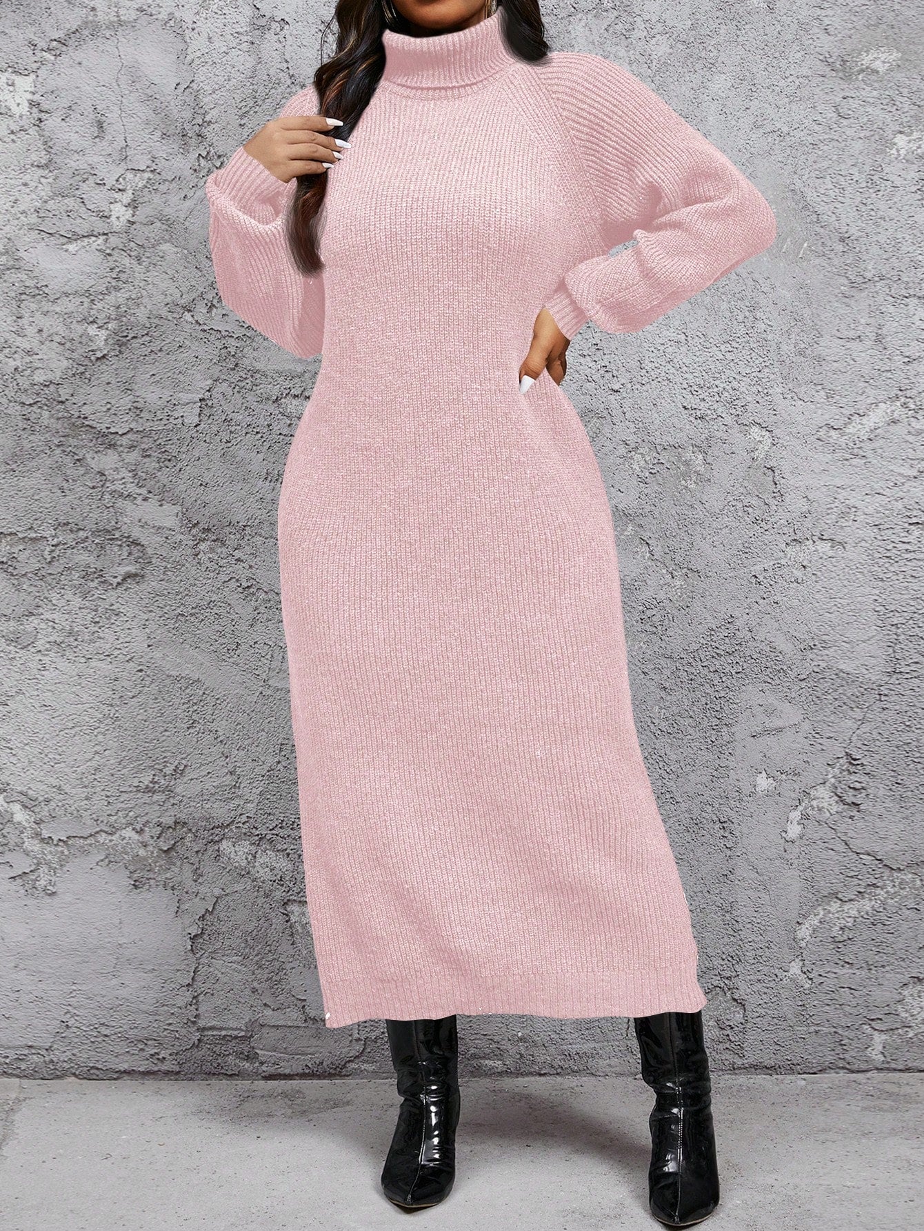 Plus Size Women's Comfortable Casual Minimalist High Neck Loose Thick Fuzzy Warm Sweater Dress, Can Be Layered Over Coats Or Worn Alone, Black Long Sleeve Knitted
