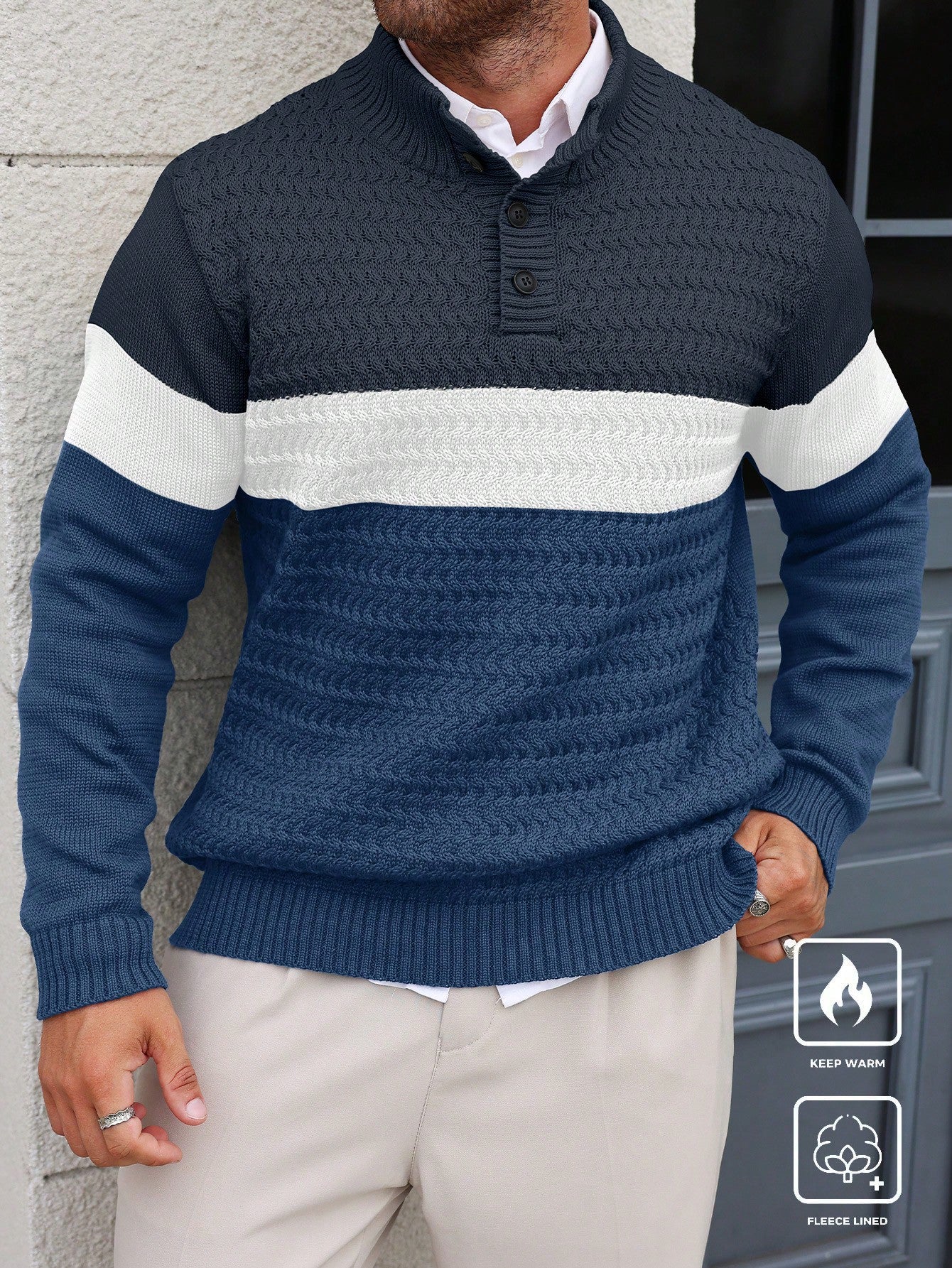 Manfinity Homme Plus Size Men Contrast-Color Button Casual Knit Sweater