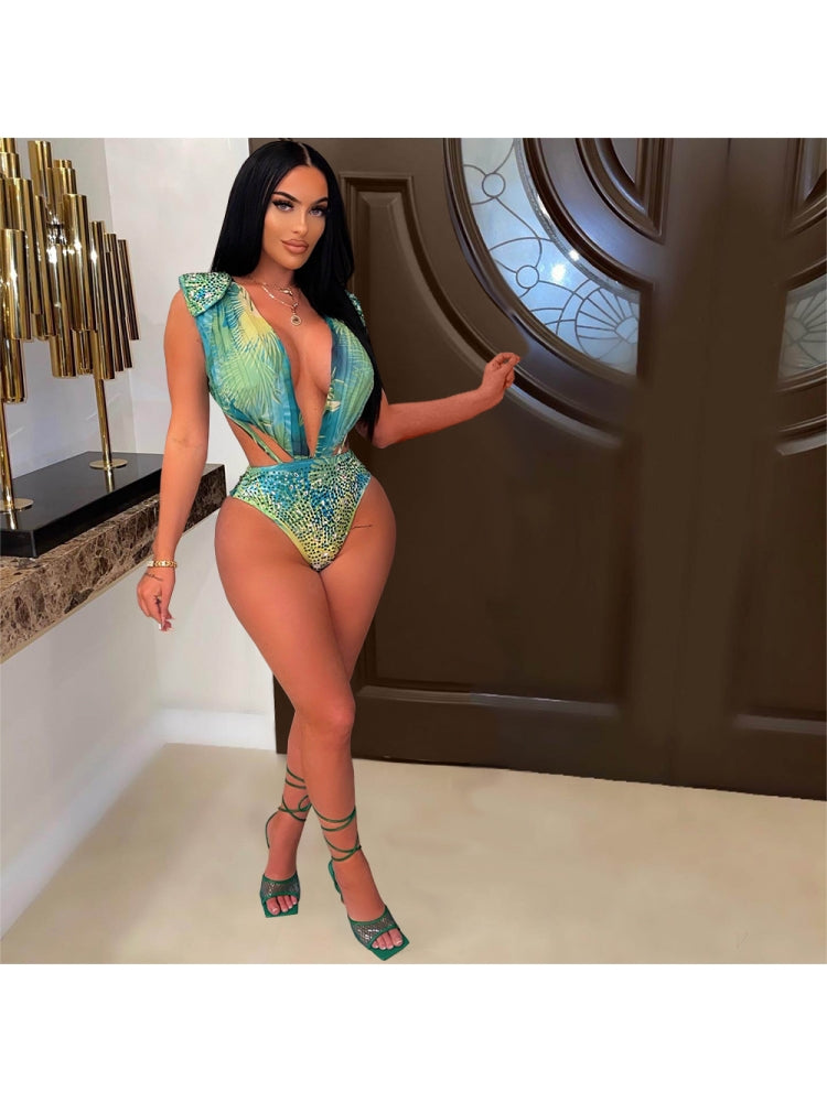 Hollow Out Printed Rhinestone One Piece Swimsuit And Skirt Sets