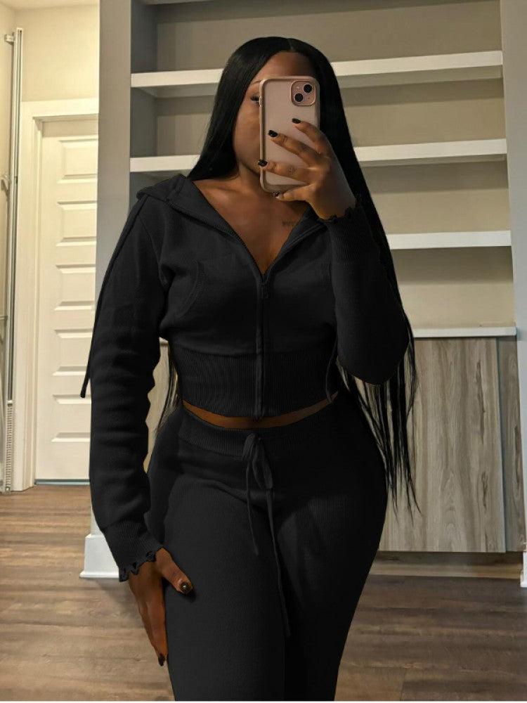 Ripped Knitting Zipper Hooded Pant Sets