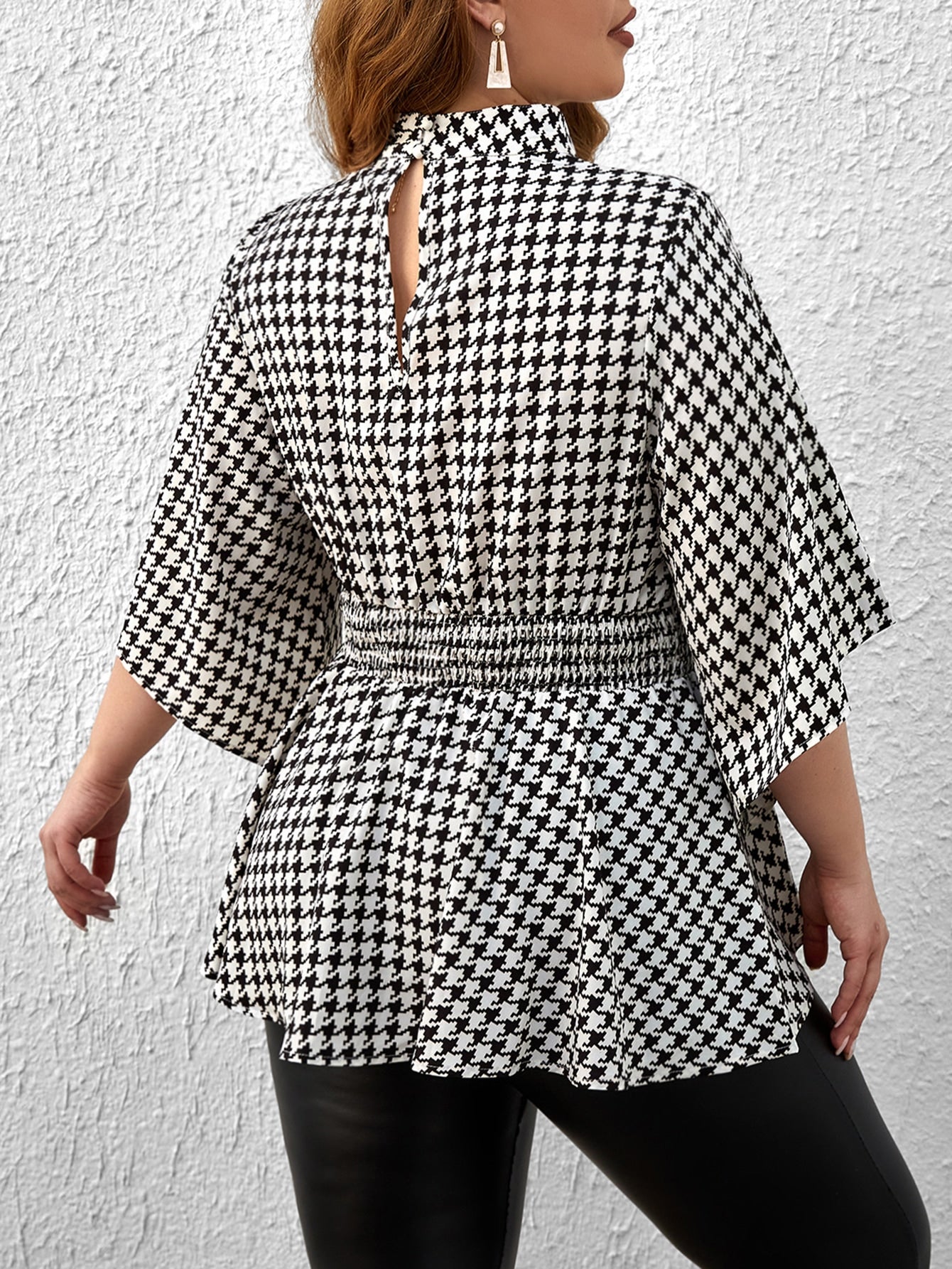 Privé Plus Houndstooth Print Mock Neck Peplum Blouse