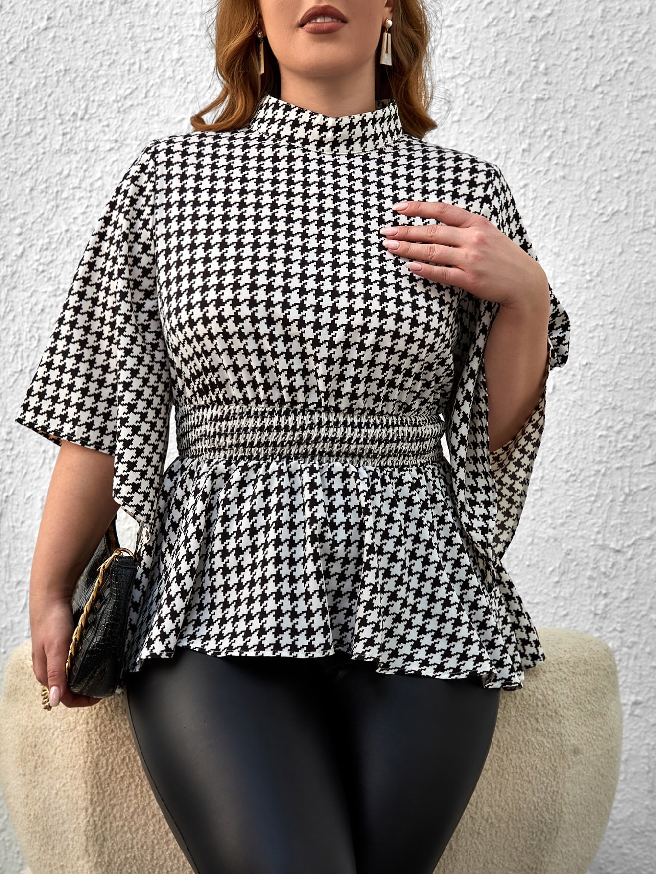Privé Plus Houndstooth Print Mock Neck Peplum Blouse