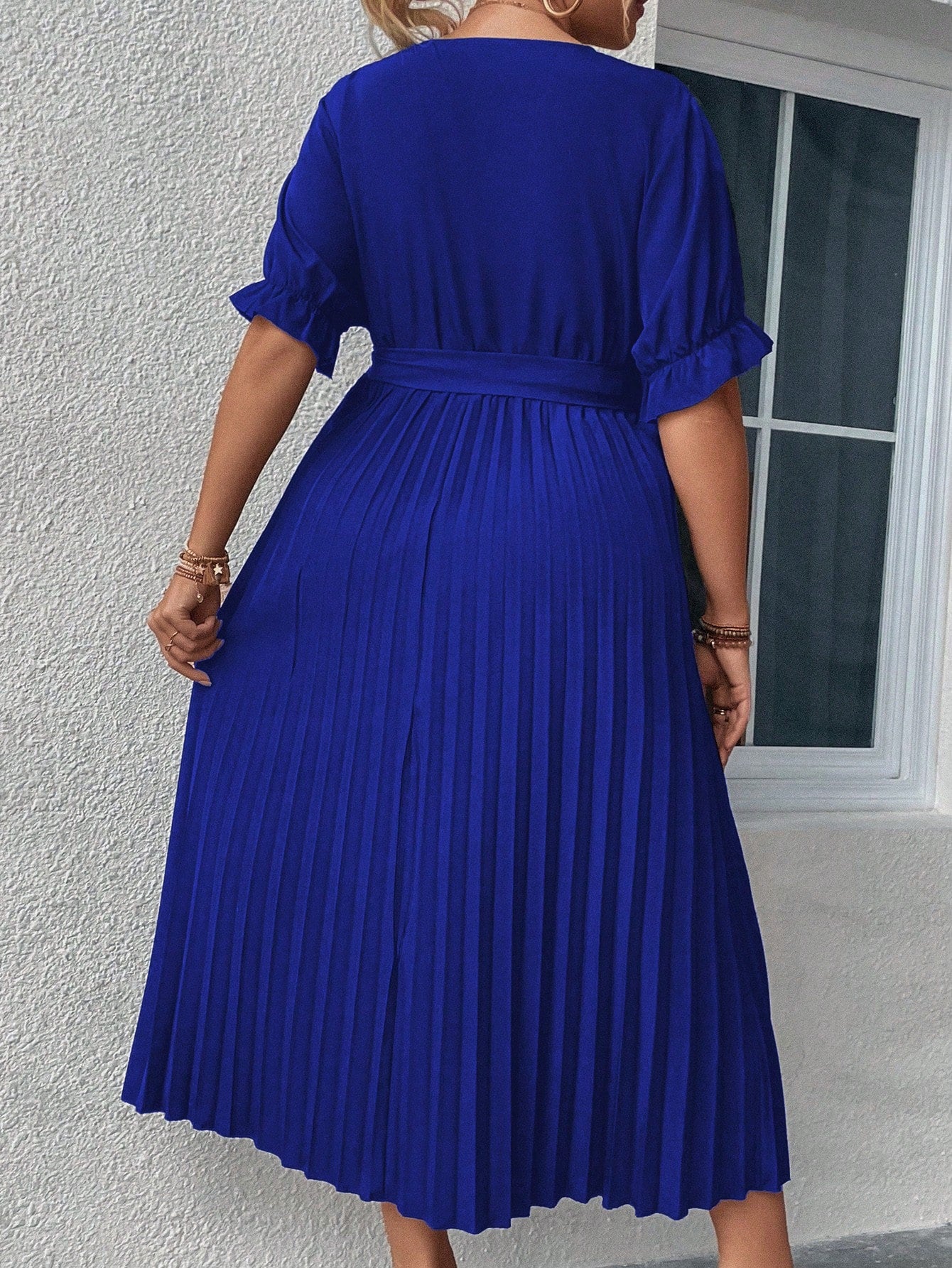 Plus Surplice Neck Flounce Sleeve Pleated Hem Belted Dress