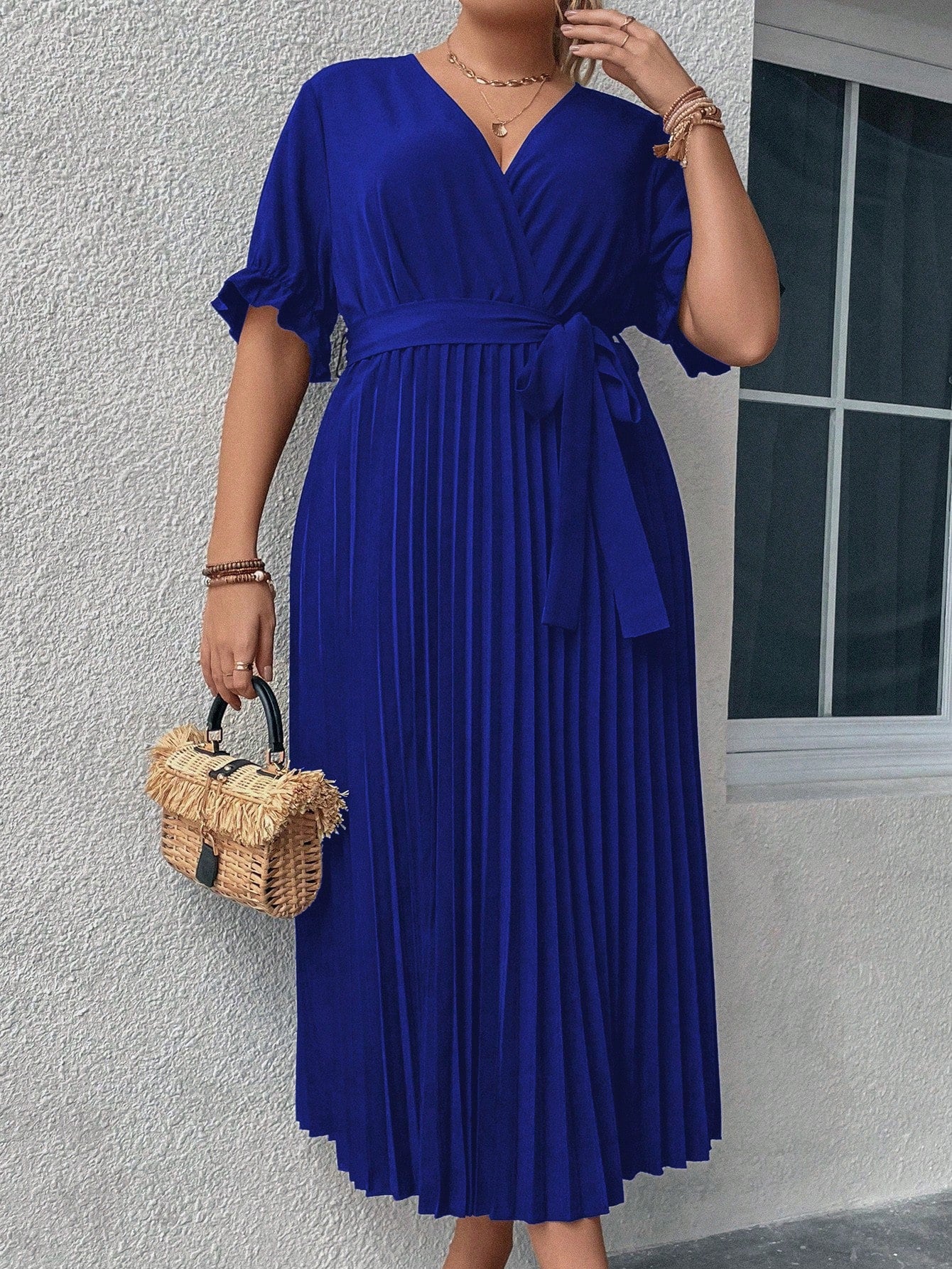 Plus Surplice Neck Flounce Sleeve Pleated Hem Belted Dress