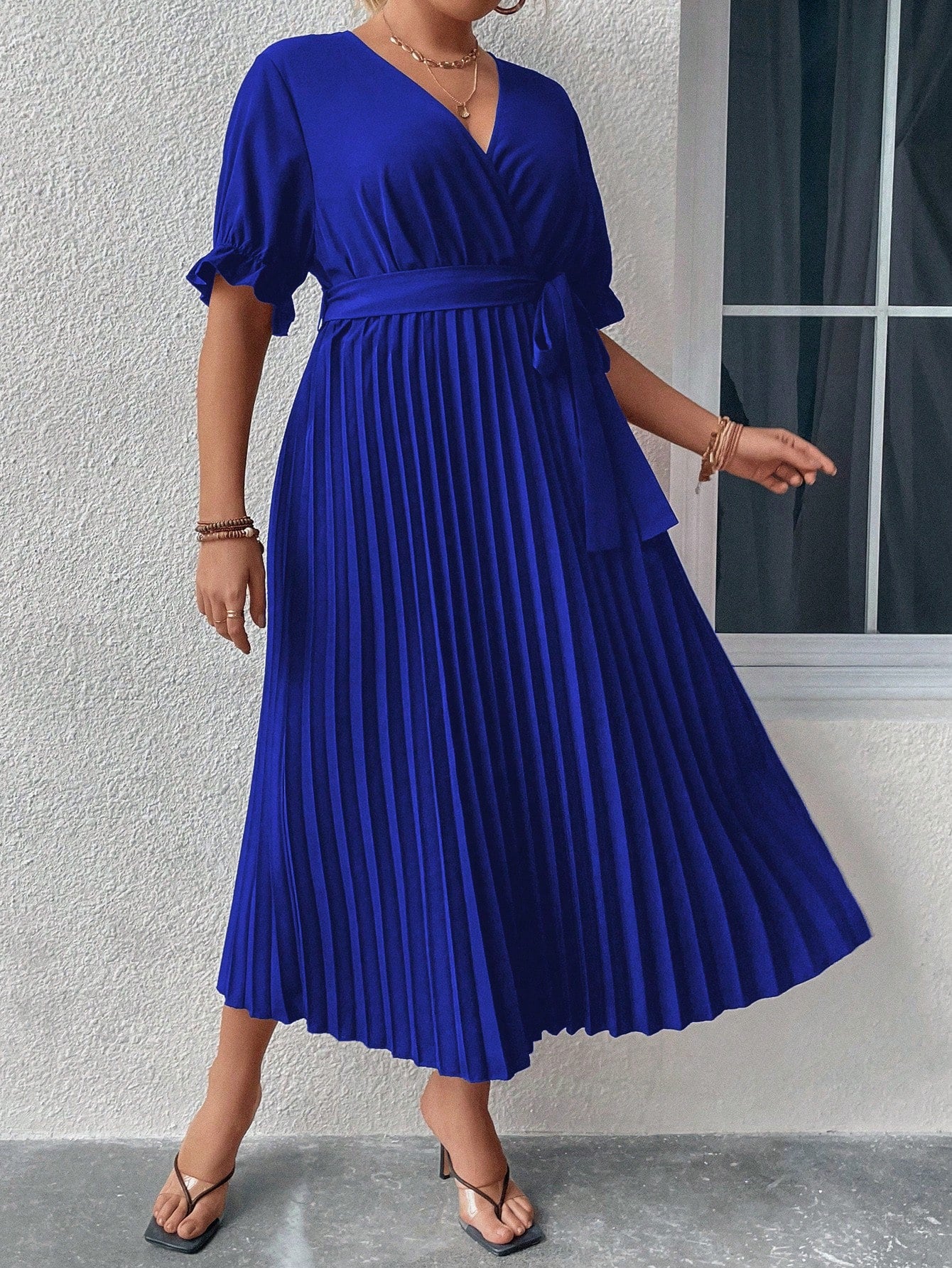 Plus Surplice Neck Flounce Sleeve Pleated Hem Belted Dress