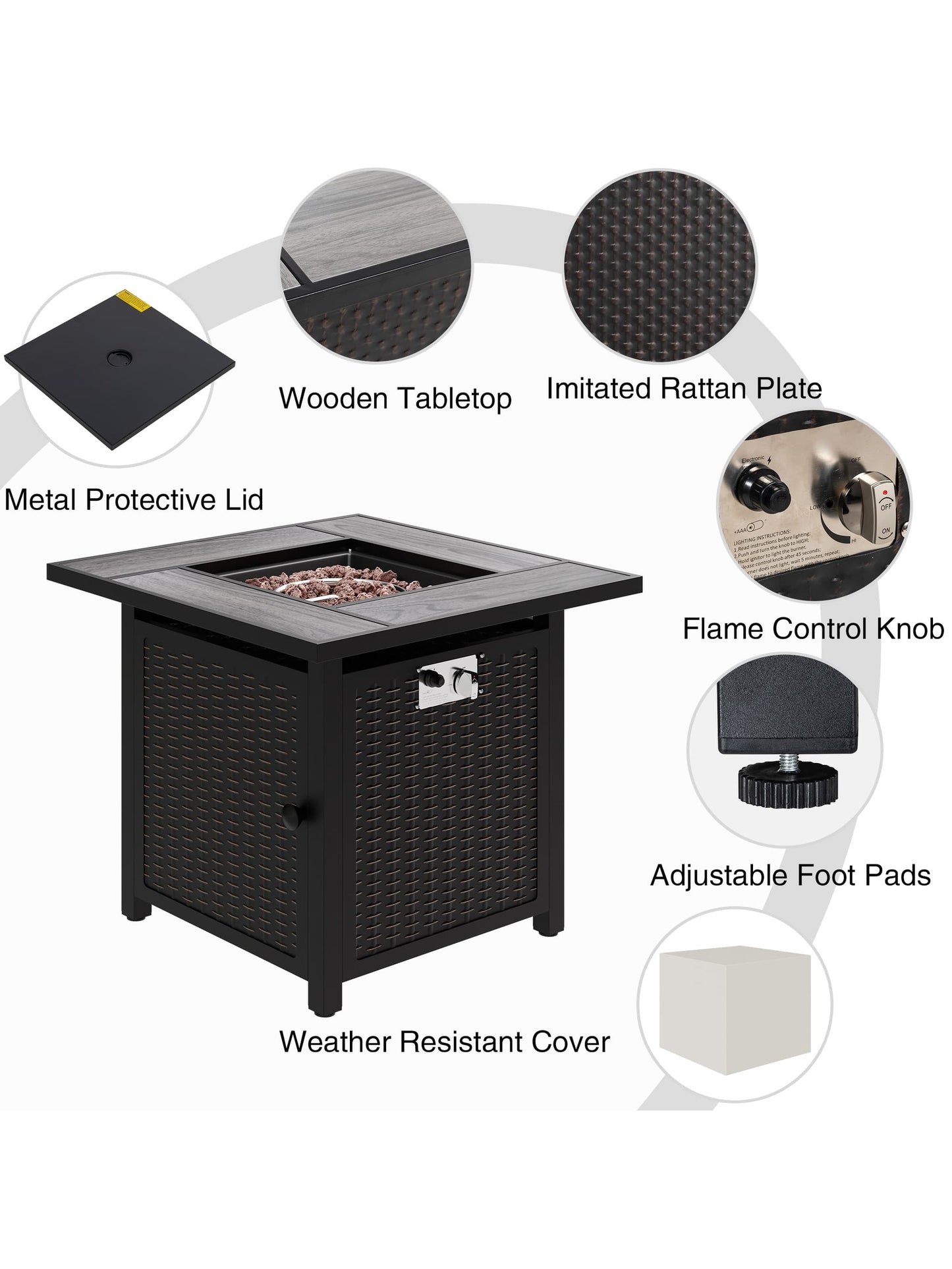 Vongrasig 30 Inch Propane Fire Pit Table Outdoor 50,000 BTU Steel Gas Fire Pit with Lid and Lava Rock, Outside Furniture with Waterproof Cover and Rattan Pattern for Patio, Backyard, Party