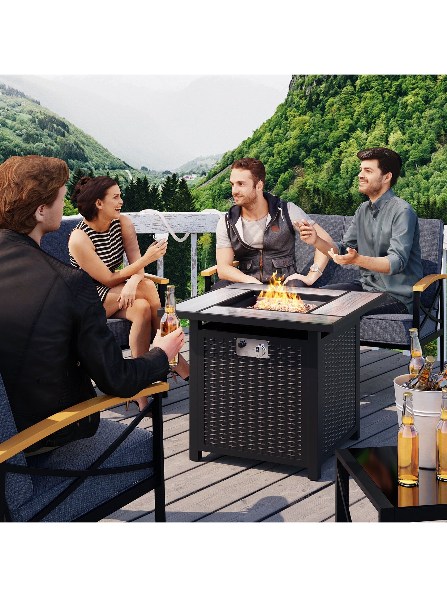 Vongrasig 30 Inch Propane Fire Pit Table Outdoor 50,000 BTU Steel Gas Fire Pit with Lid and Lava Rock, Outside Furniture with Waterproof Cover and Rattan Pattern for Patio, Backyard, Party