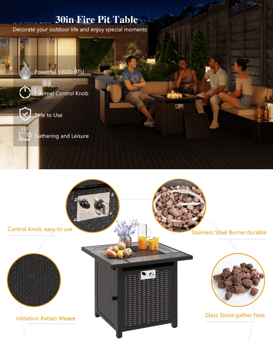 Vongrasig 30 Inch Propane Fire Pit Table Outdoor 50,000 BTU Steel Gas Fire Pit with Lid and Lava Rock, Outside Furniture with Waterproof Cover and Rattan Pattern for Patio, Backyard, Party