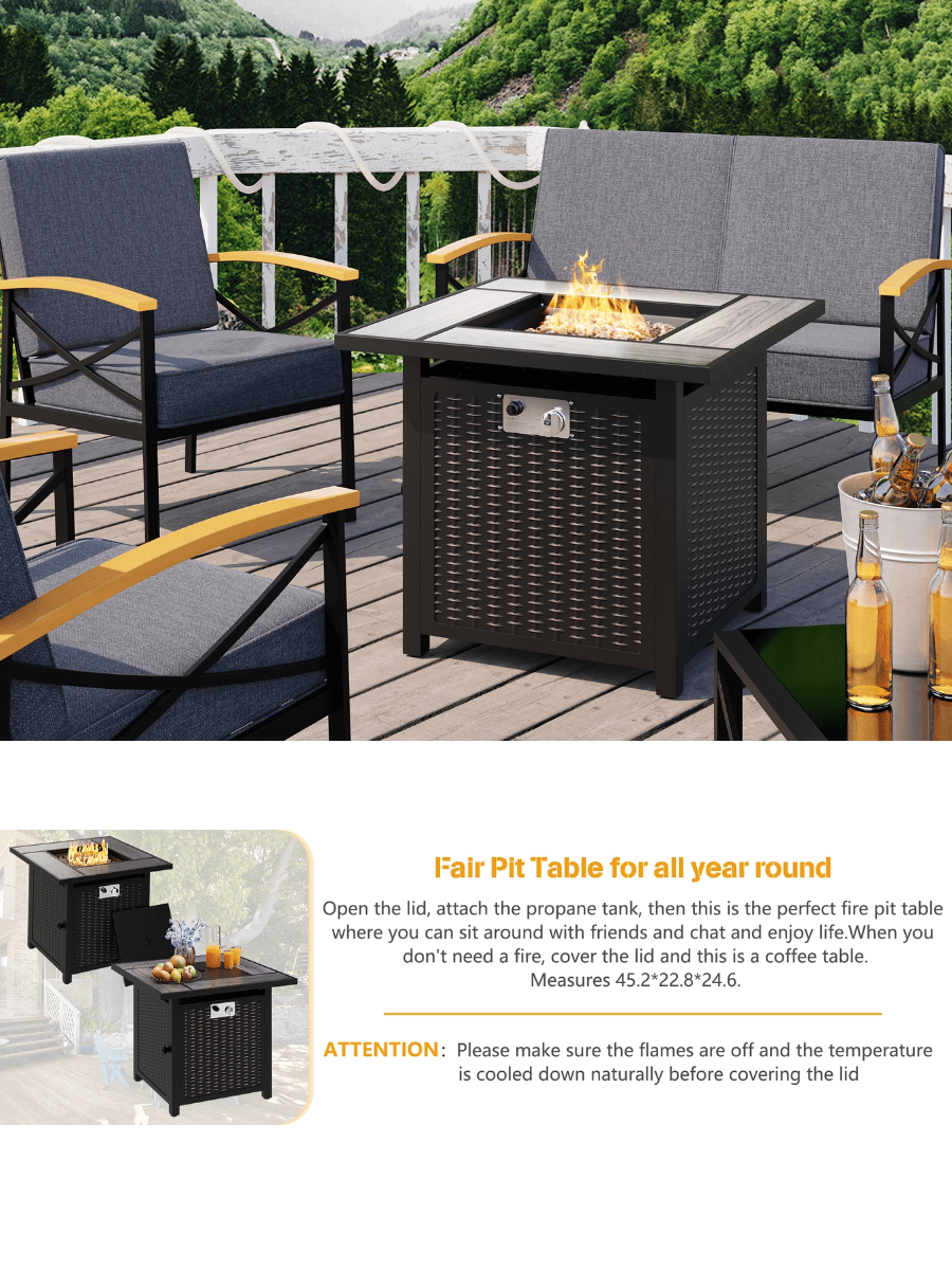 Vongrasig 30 Inch Propane Fire Pit Table Outdoor 50,000 BTU Steel Gas Fire Pit with Lid and Lava Rock, Outside Furniture with Waterproof Cover and Rattan Pattern for Patio, Backyard, Party