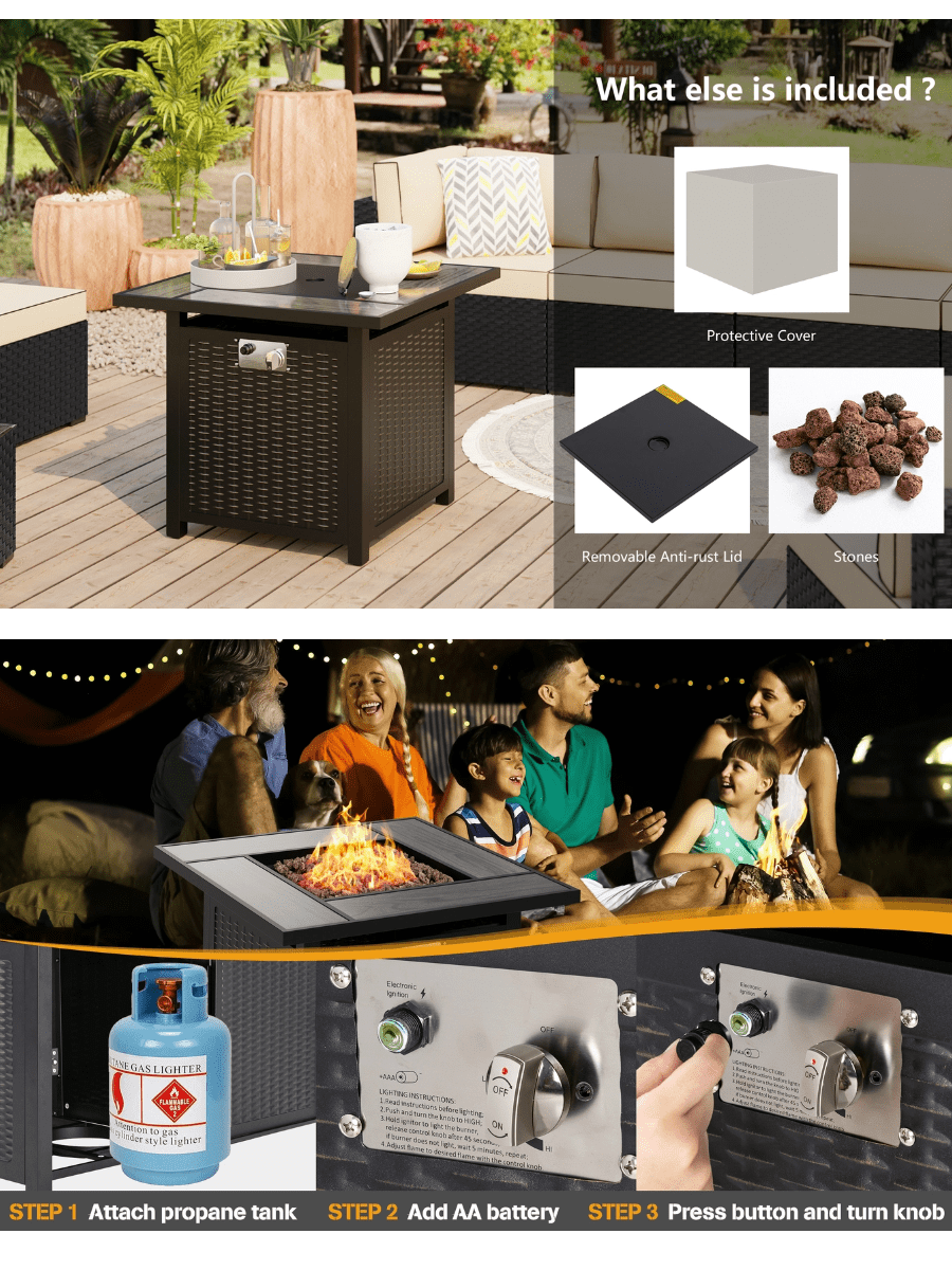 Vongrasig 30 Inch Propane Fire Pit Table Outdoor 50,000 BTU Steel Gas Fire Pit with Lid and Lava Rock, Outside Furniture with Waterproof Cover and Rattan Pattern for Patio, Backyard, Party