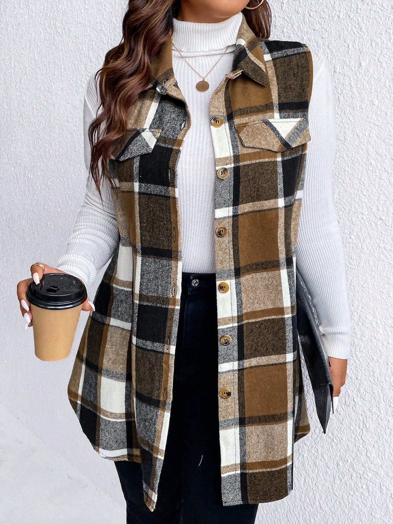 Essnce Plus Plaid Print Flap Detail Sleeveless Coat
