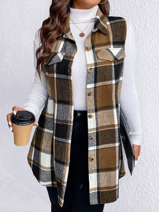 Essnce Plus Plaid Print Flap Detail Sleeveless Coat