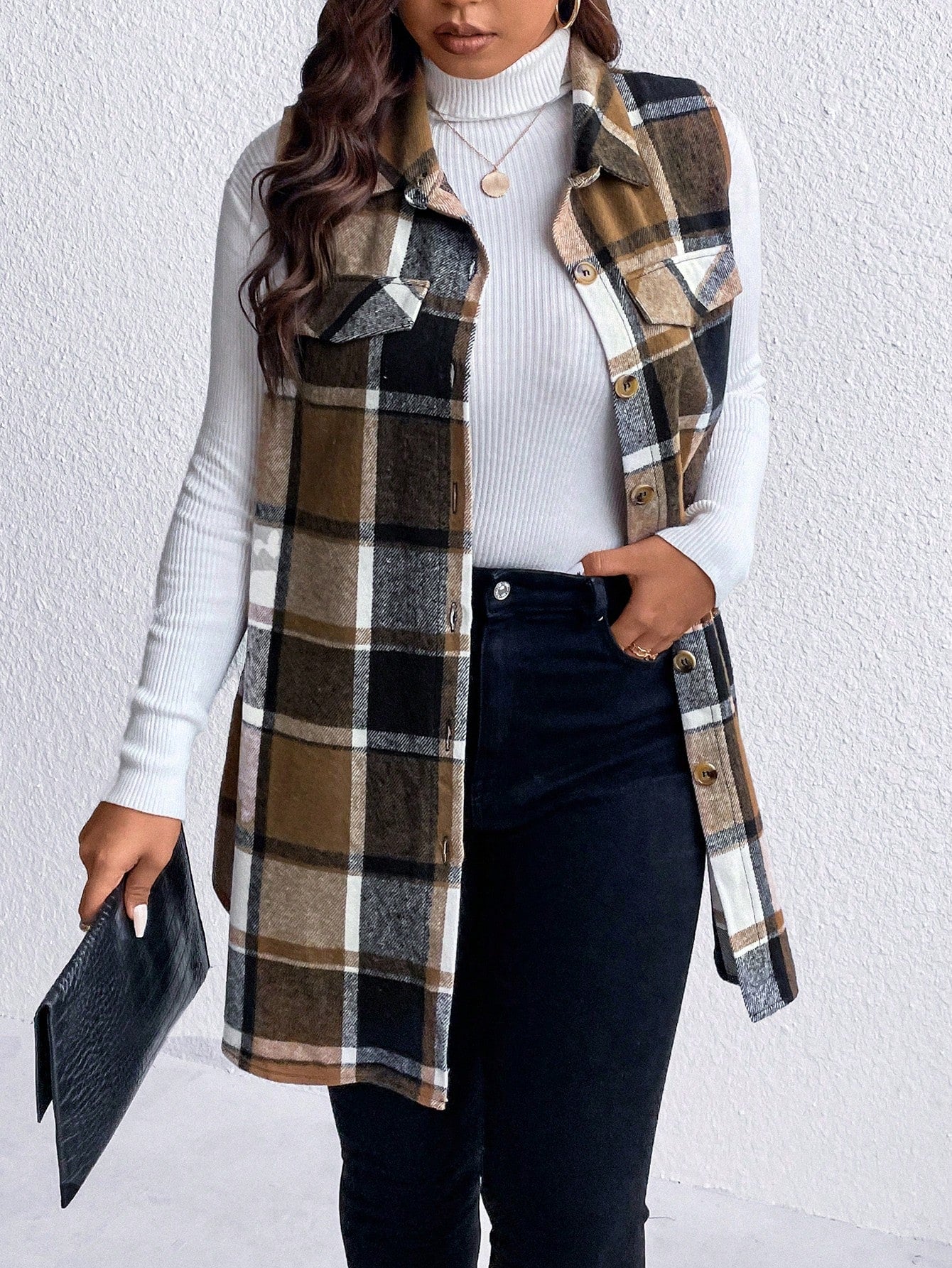 Essnce Plus Plaid Print Flap Detail Sleeveless Coat