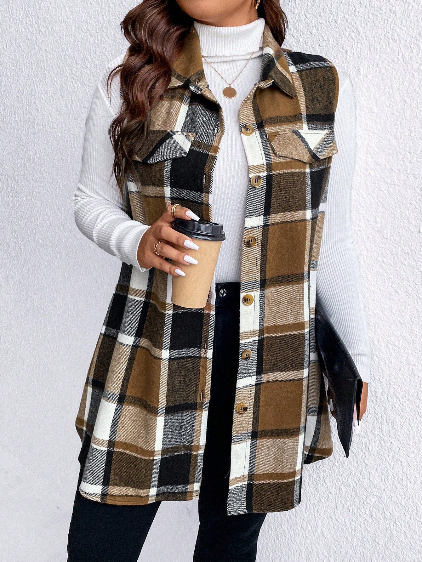 Essnce Plus Plaid Print Flap Detail Sleeveless Coat