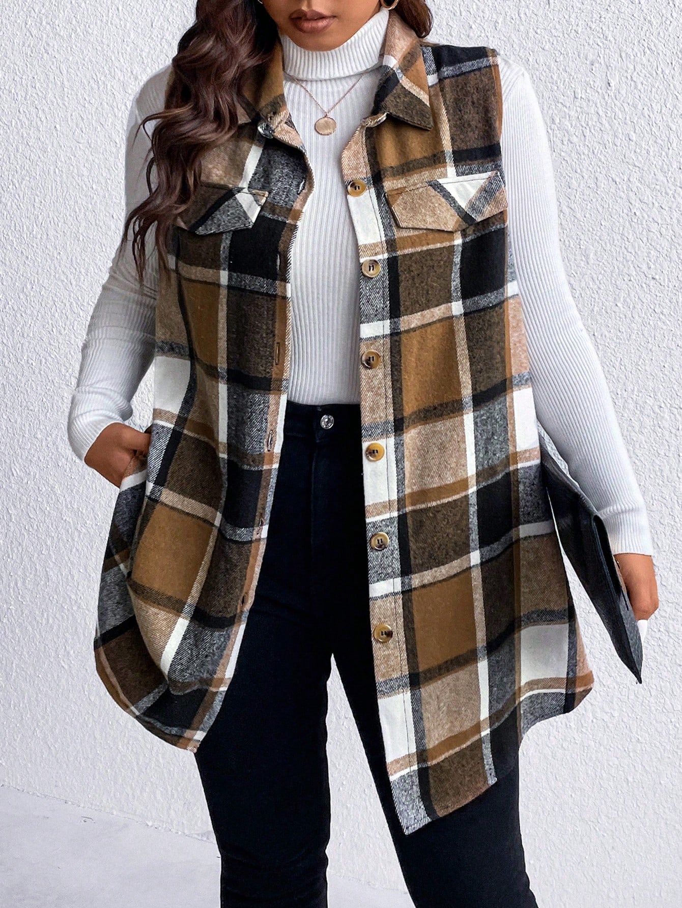 Essnce Plus Plaid Print Flap Detail Sleeveless Coat