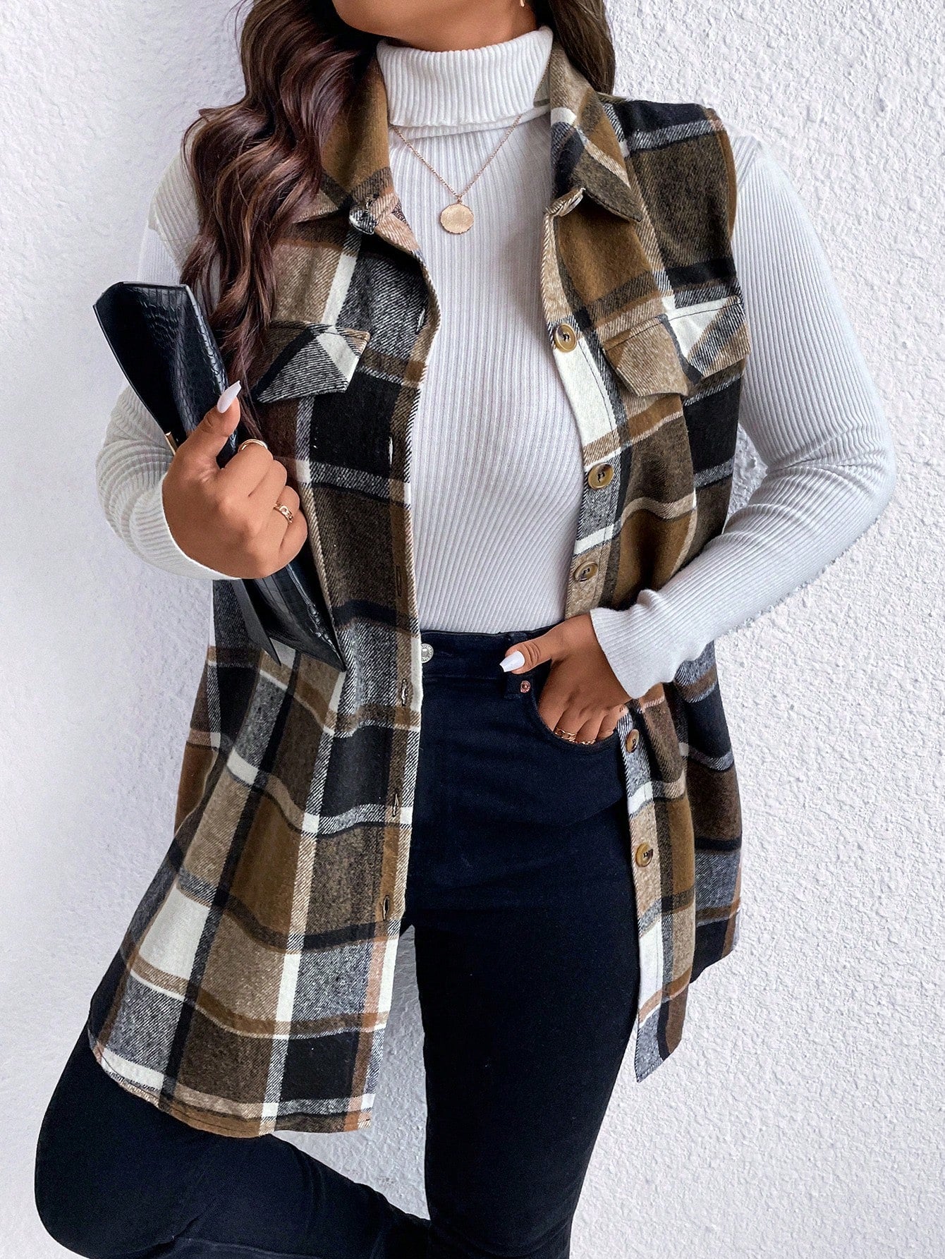 Essnce Plus Plaid Print Flap Detail Sleeveless Coat