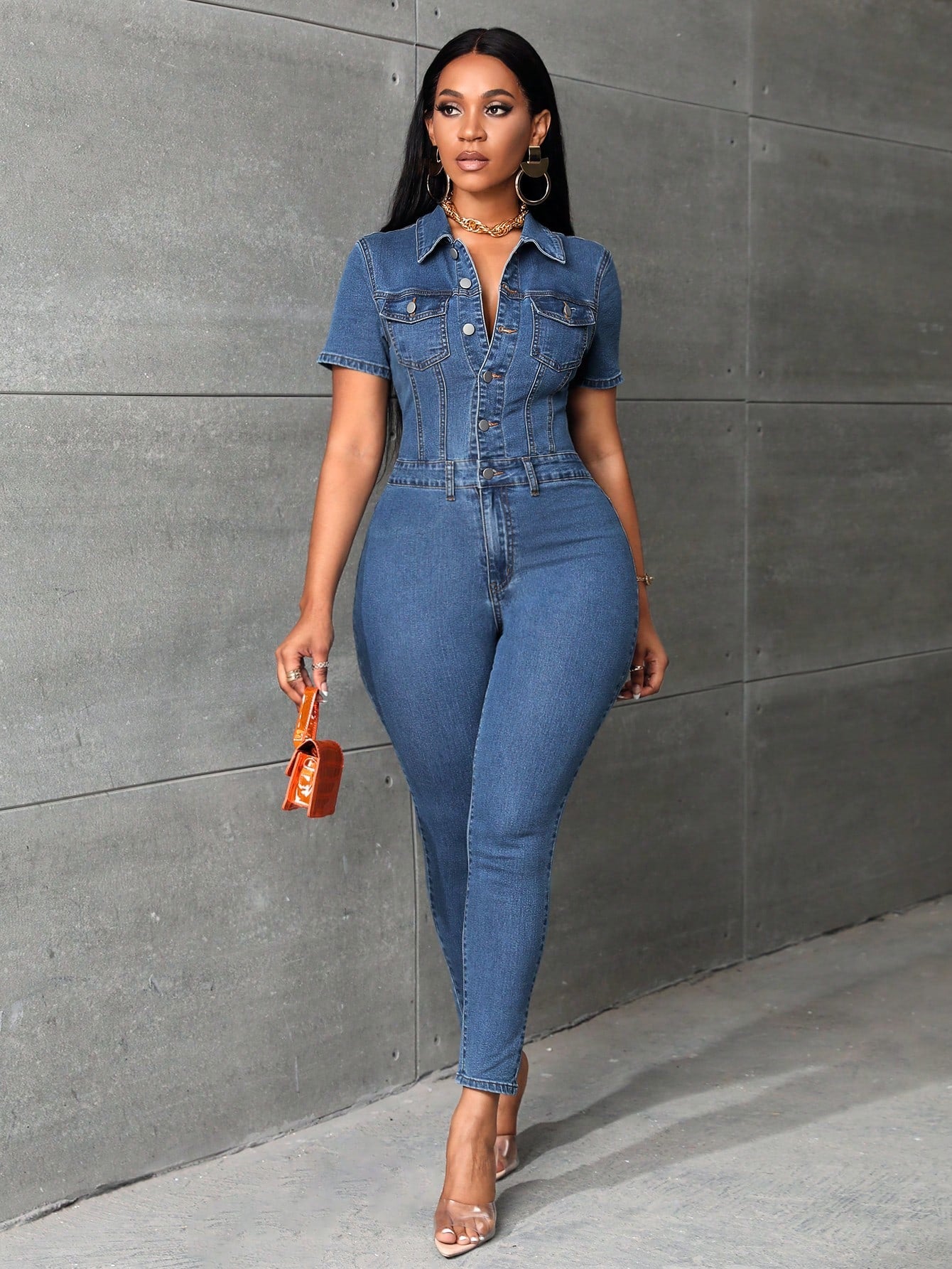Essnce Flap Pocket Button Front Denim Jumpsuit