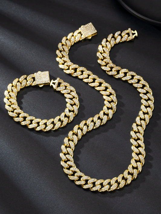 2pcs Golden Color 13mm Hip Hop Spring Clasp Rhinestone Chain, Necklace & Bracelet Set, Suitable For Daily Use Or Festivals, Unisex