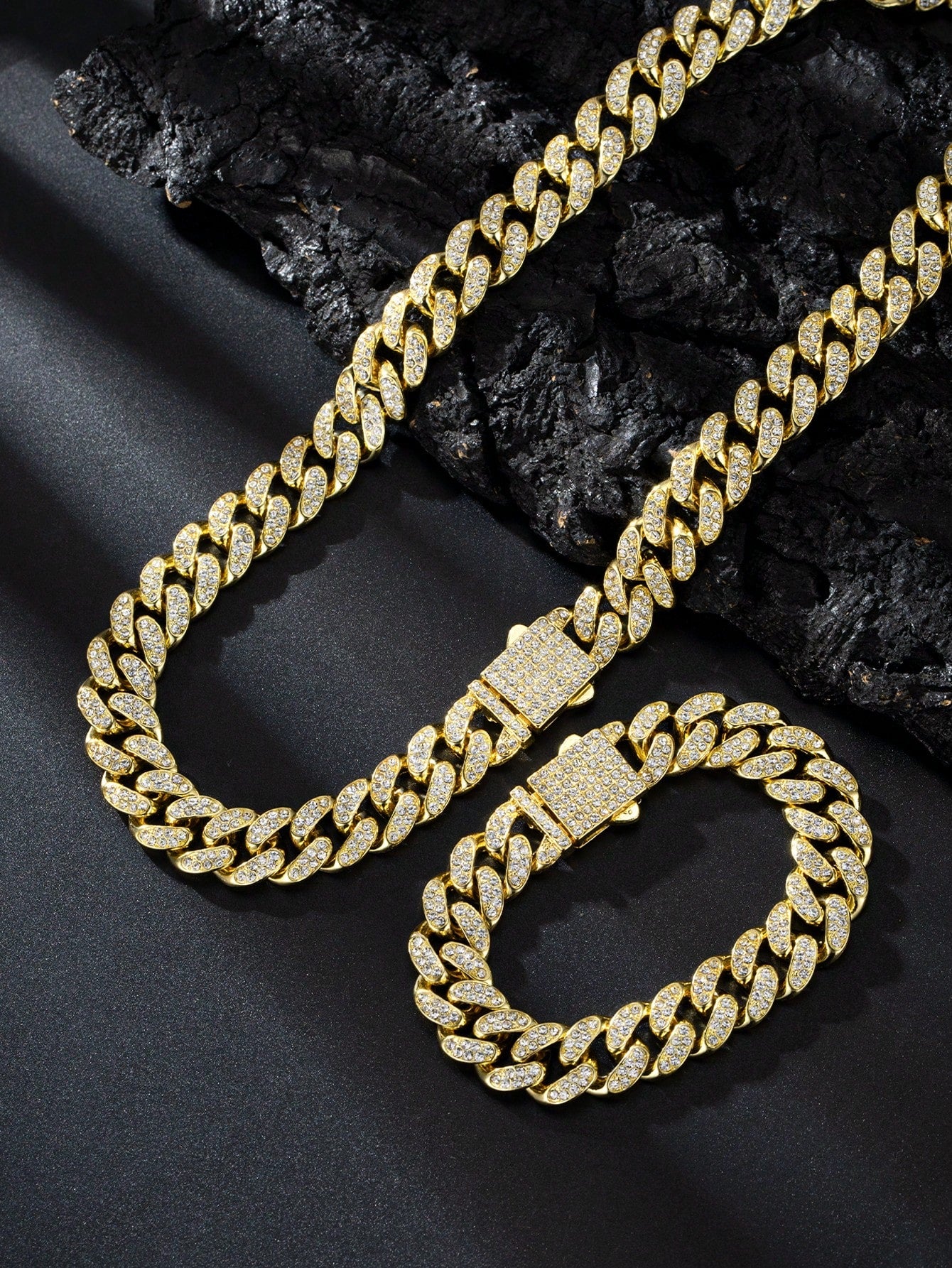 2pcs Golden Color 13mm Hip Hop Spring Clasp Rhinestone Chain, Necklace & Bracelet Set, Suitable For Daily Use Or Festivals, Unisex