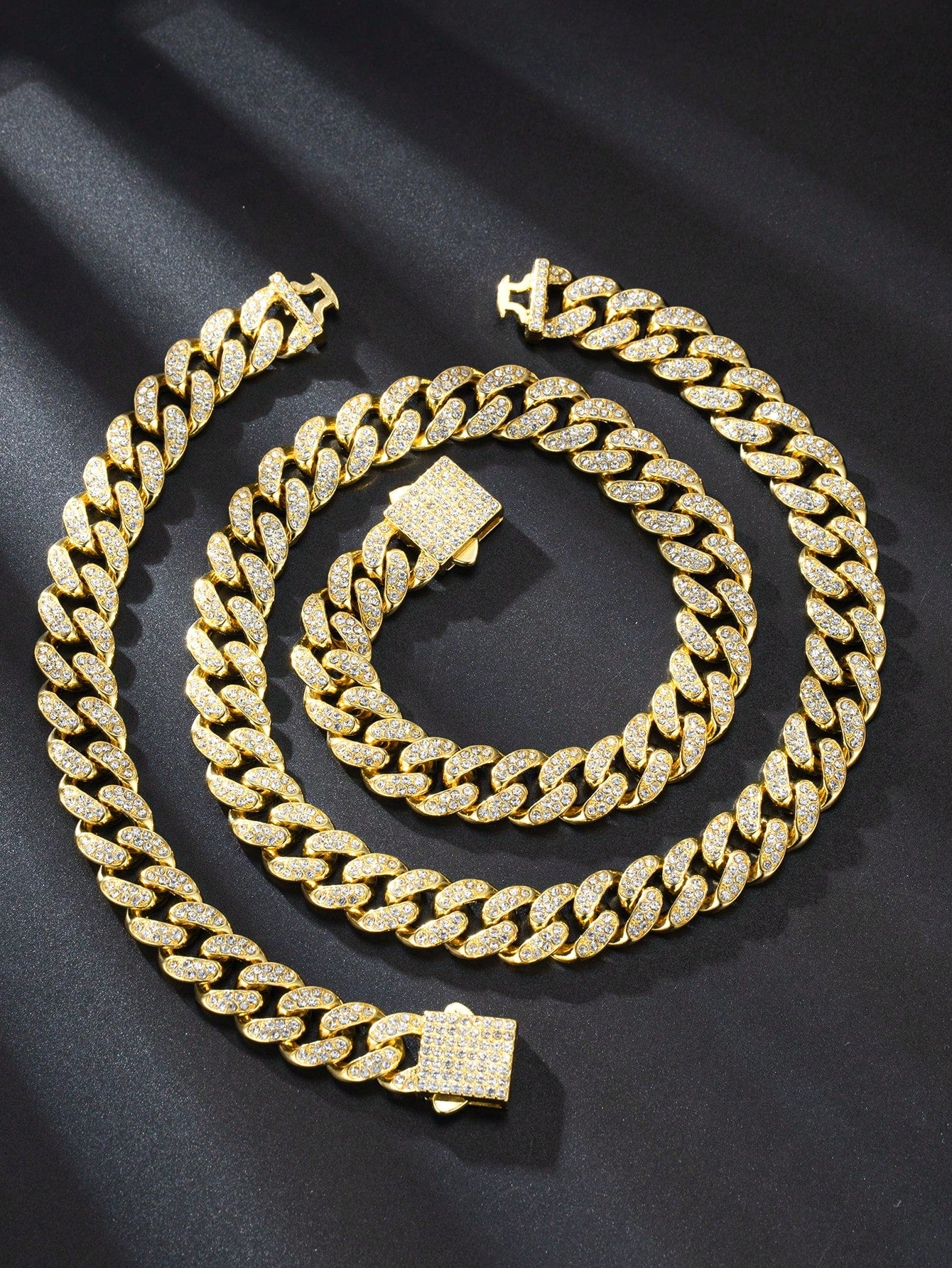 2pcs Golden Color 13mm Hip Hop Spring Clasp Rhinestone Chain, Necklace & Bracelet Set, Suitable For Daily Use Or Festivals, Unisex