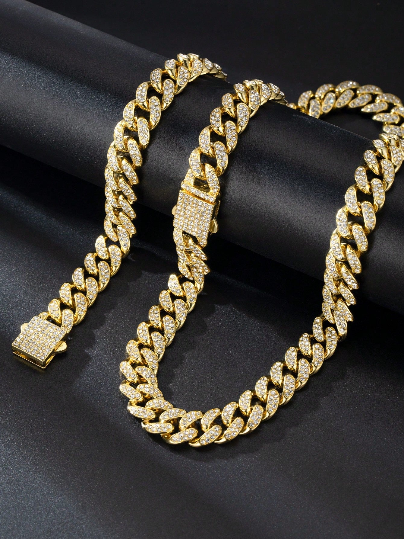 2pcs Golden Color 13mm Hip Hop Spring Clasp Rhinestone Chain, Necklace & Bracelet Set, Suitable For Daily Use Or Festivals, Unisex