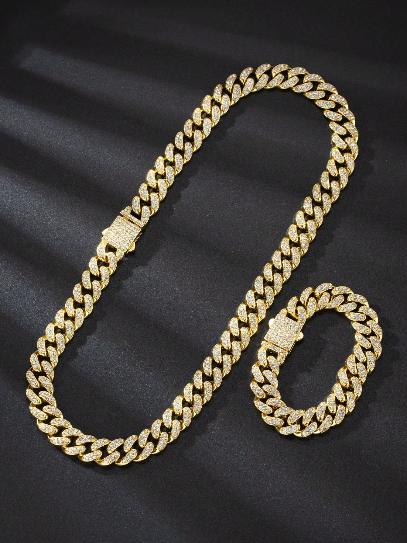 2pcs Golden Color 13mm Hip Hop Spring Clasp Rhinestone Chain, Necklace & Bracelet Set, Suitable For Daily Use Or Festivals, Unisex