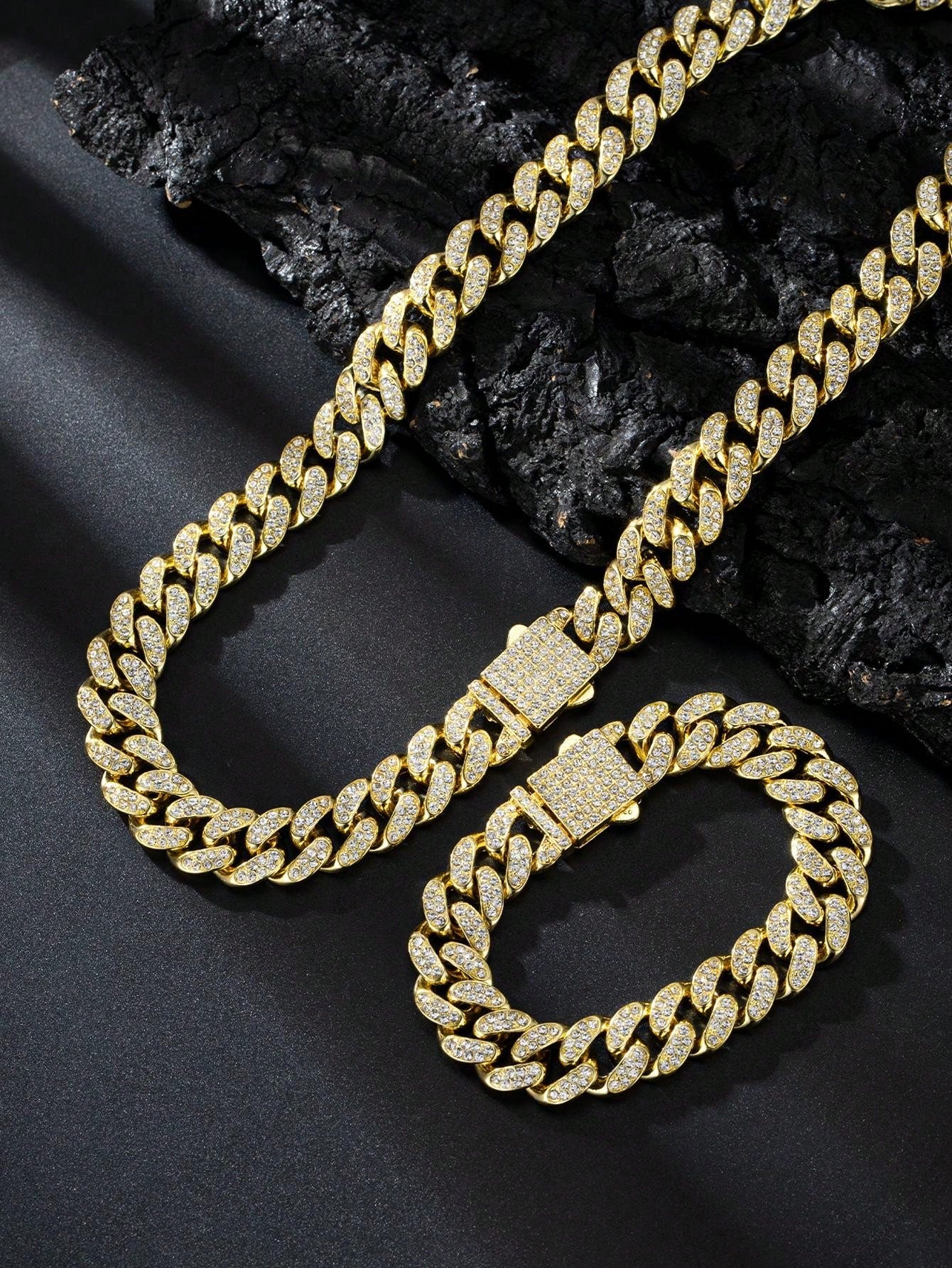 2pcs Golden Color 13mm Hip Hop Spring Clasp Rhinestone Chain, Necklace & Bracelet Set, Suitable For Daily Use Or Festivals, Unisex