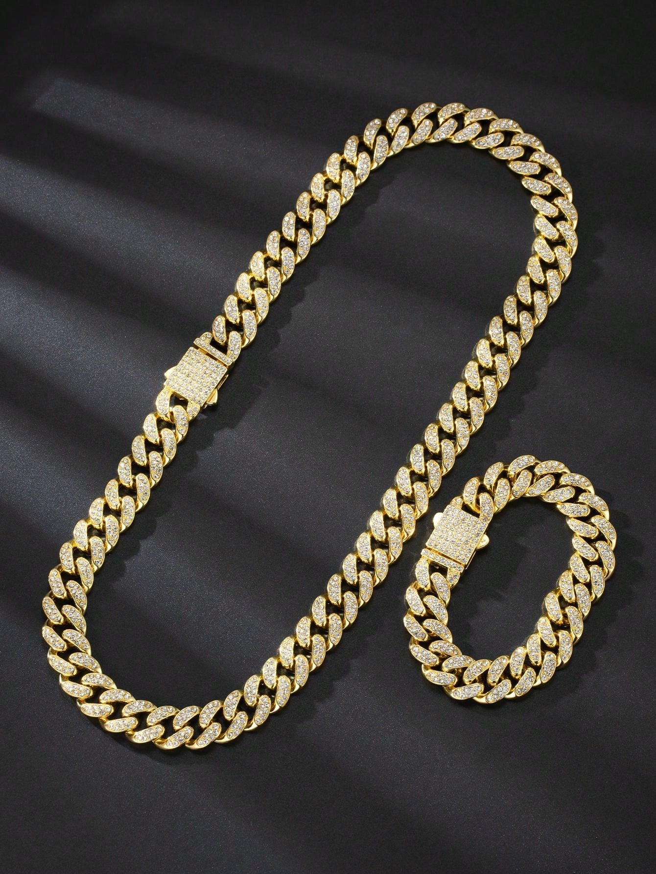 2pcs Golden Color 13mm Hip Hop Spring Clasp Rhinestone Chain, Necklace & Bracelet Set, Suitable For Daily Use Or Festivals, Unisex