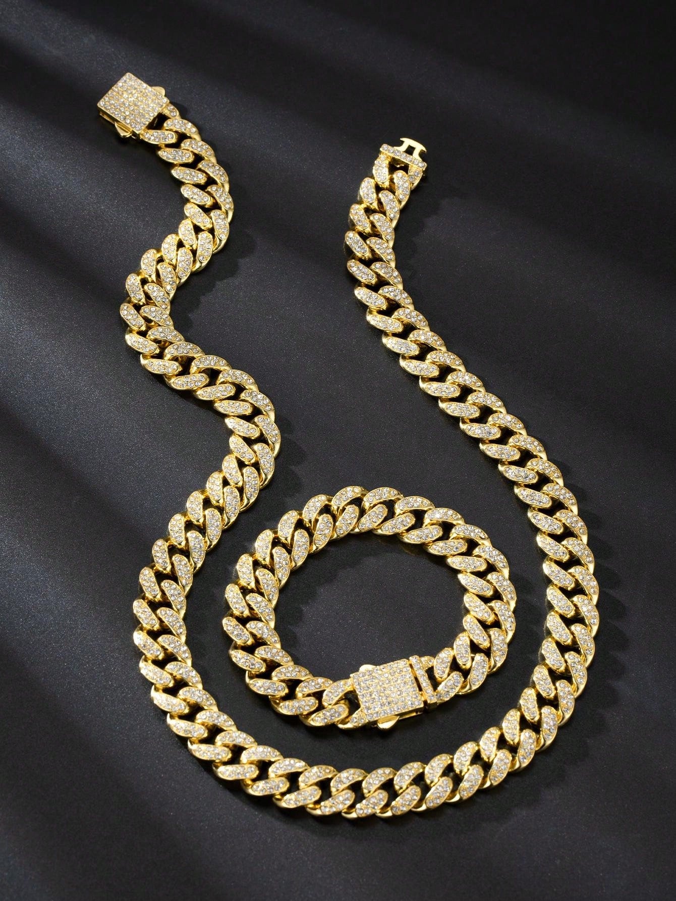 2pcs Golden Color 13mm Hip Hop Spring Clasp Rhinestone Chain, Necklace & Bracelet Set, Suitable For Daily Use Or Festivals, Unisex