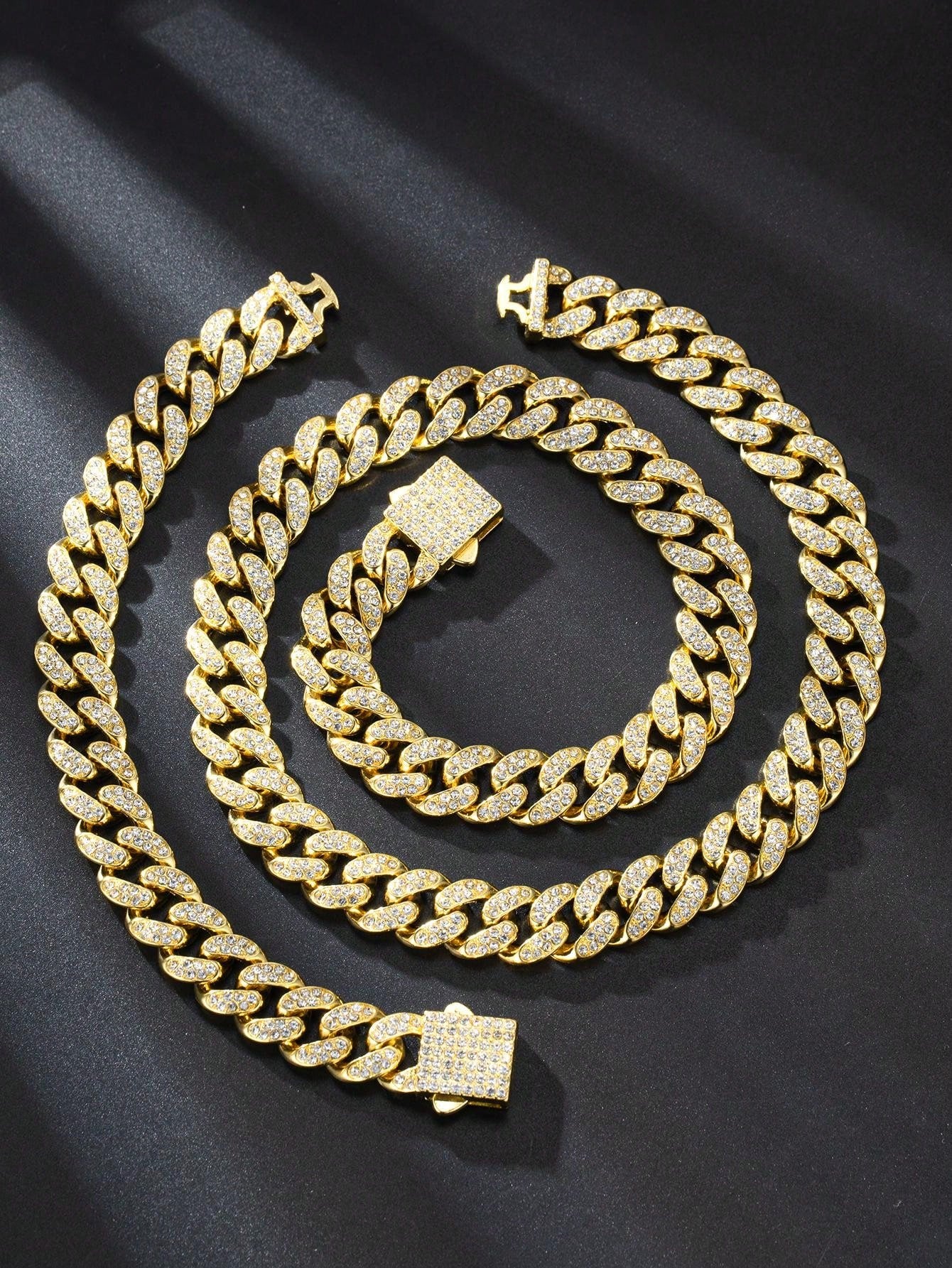 2pcs Golden Color 13mm Hip Hop Spring Clasp Rhinestone Chain, Necklace & Bracelet Set, Suitable For Daily Use Or Festivals, Unisex