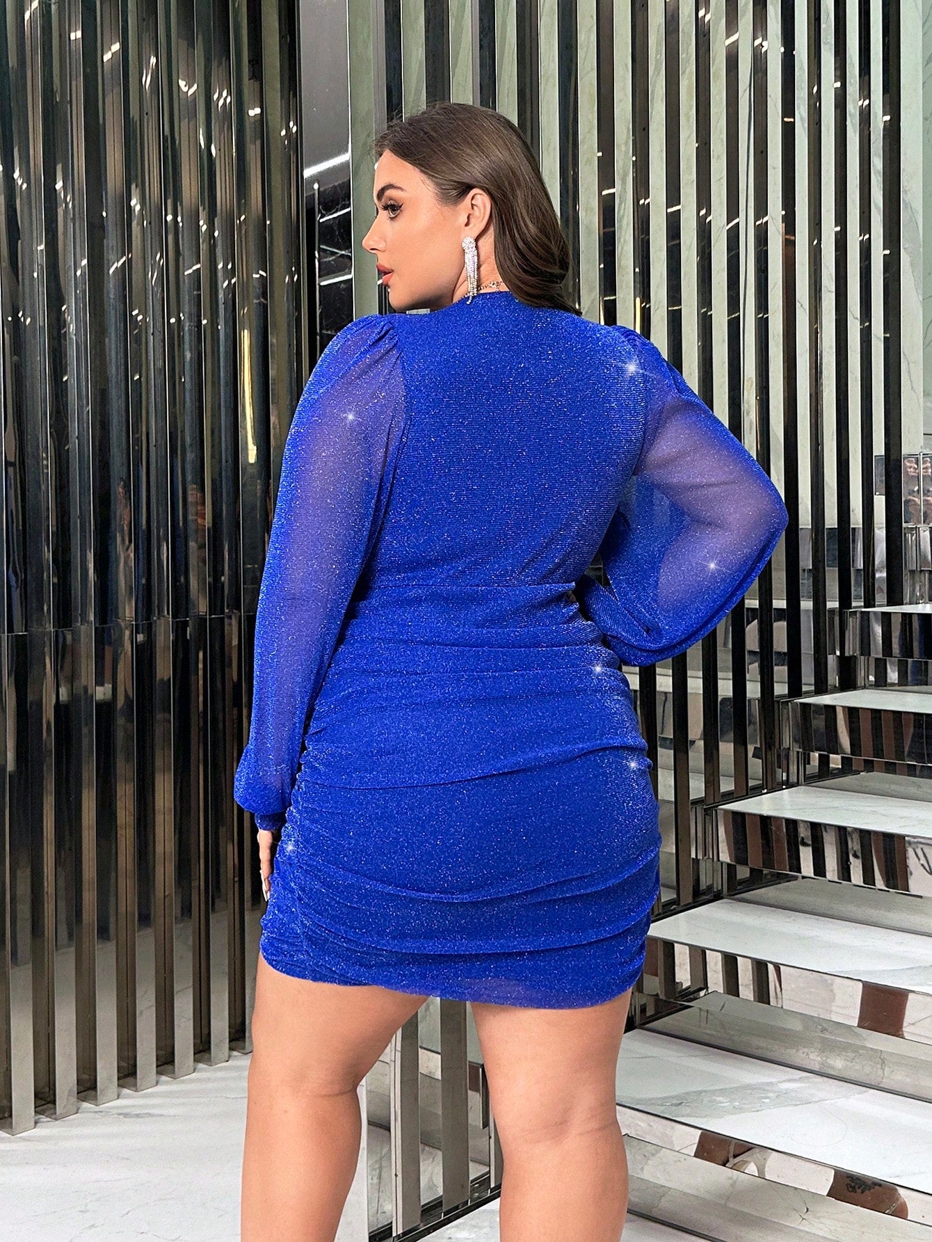 Plus Surplice Neck Lantern Sleeve Ruched Glitter Bodycon Dress