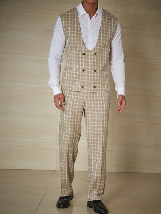 Manfinity Mode Men Plus Plaid Double Breasted Vest Blazer & Suit Pants Without Shirt