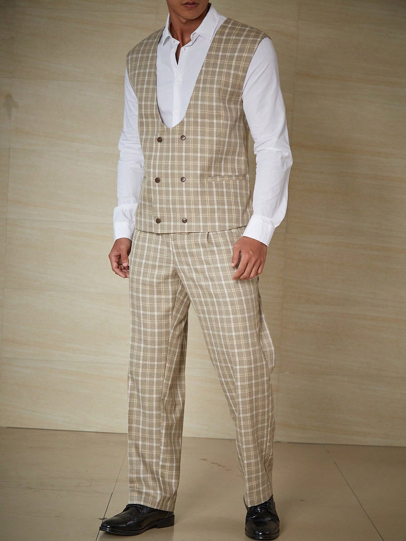 Manfinity Mode Men Plus Plaid Double Breasted Vest Blazer & Suit Pants Without Shirt