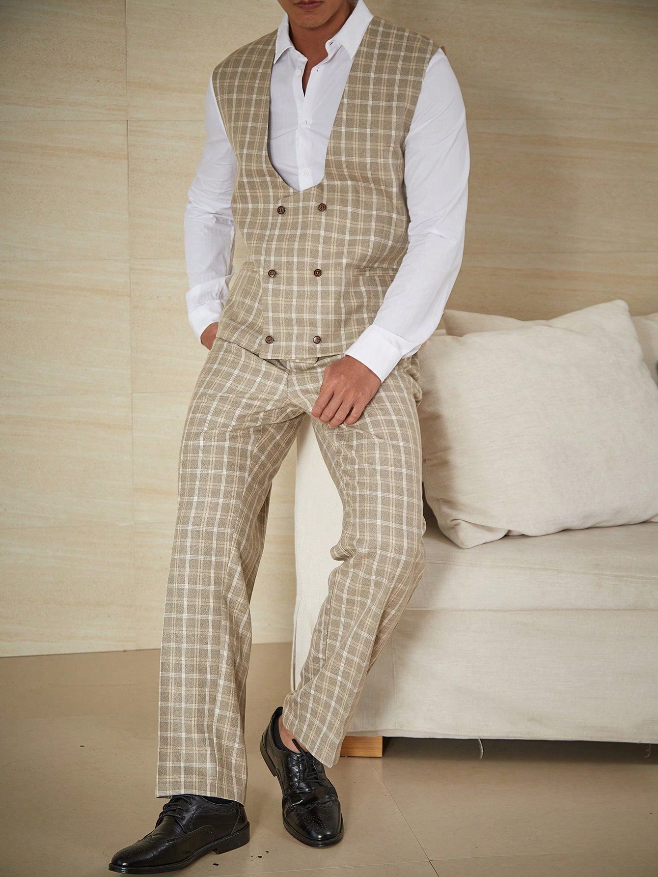 Manfinity Mode Men Plus Plaid Double Breasted Vest Blazer & Suit Pants Without Shirt