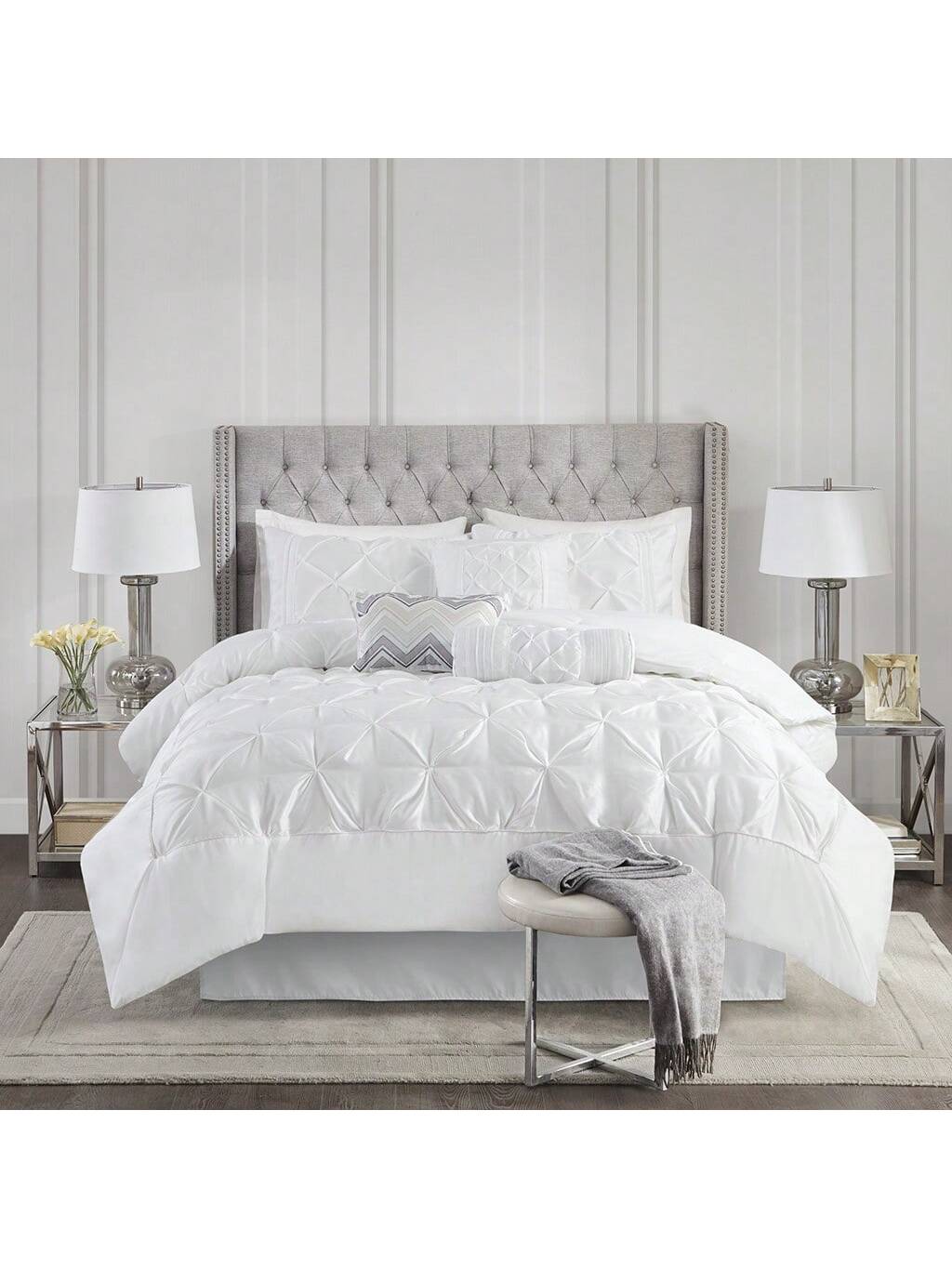 Madison Park Laurel 7 Piece Tufted Bedding Comforter Set With Throw Pillows,Faux Silk Bedroom Comforters With Matching Shams, Pillows, Bed Skirt, Pillowcases, Available In Black/ Blush/Grey/Ivory/Navy/Plum/Seafoam/Taupe/ White, Full/Queen/King/California